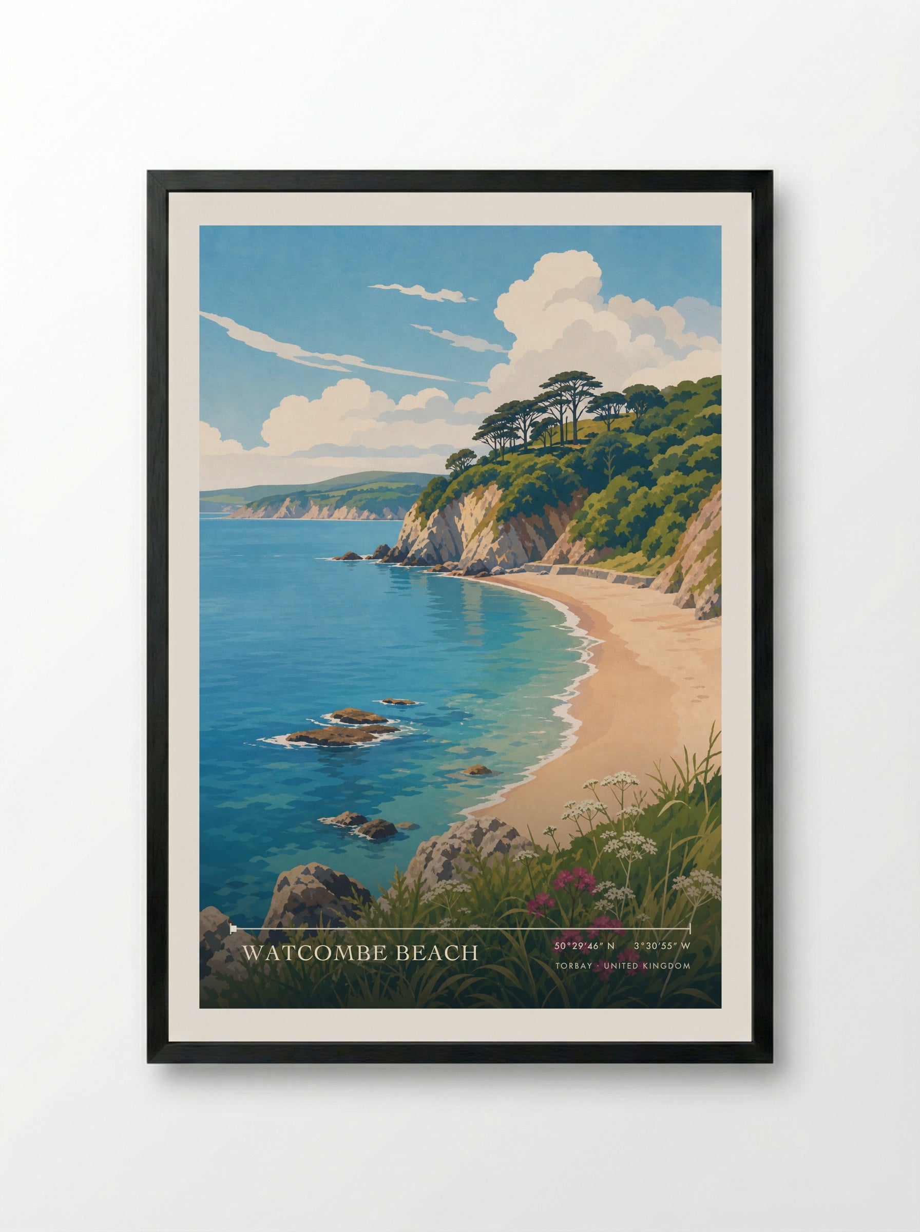 Watcombe Beach Torbay United Kingdom Travel Poster - Framed Print Black