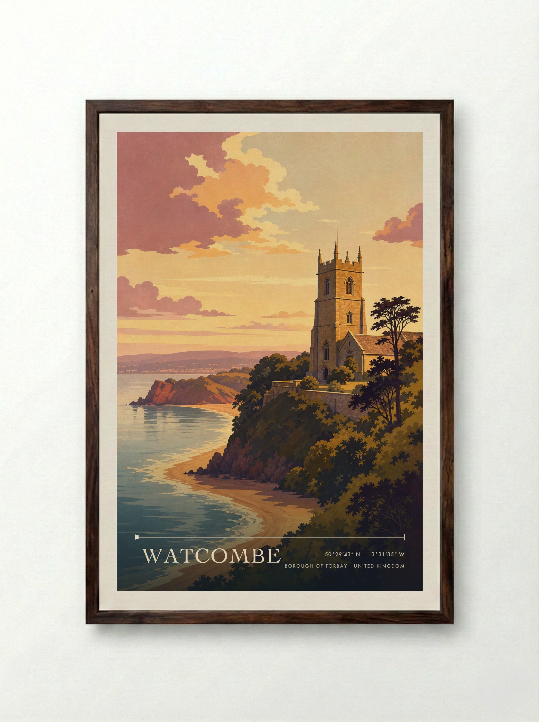 Watcombe Borough of Torbay United Kingdom Travel Poster - Framed Print Dark Wood