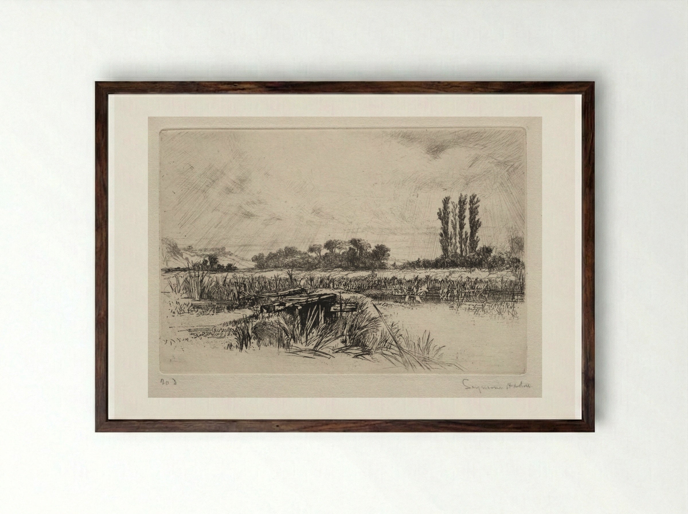 Water Meadow - Francis Seymour Haden - Framed Print Dark Wood