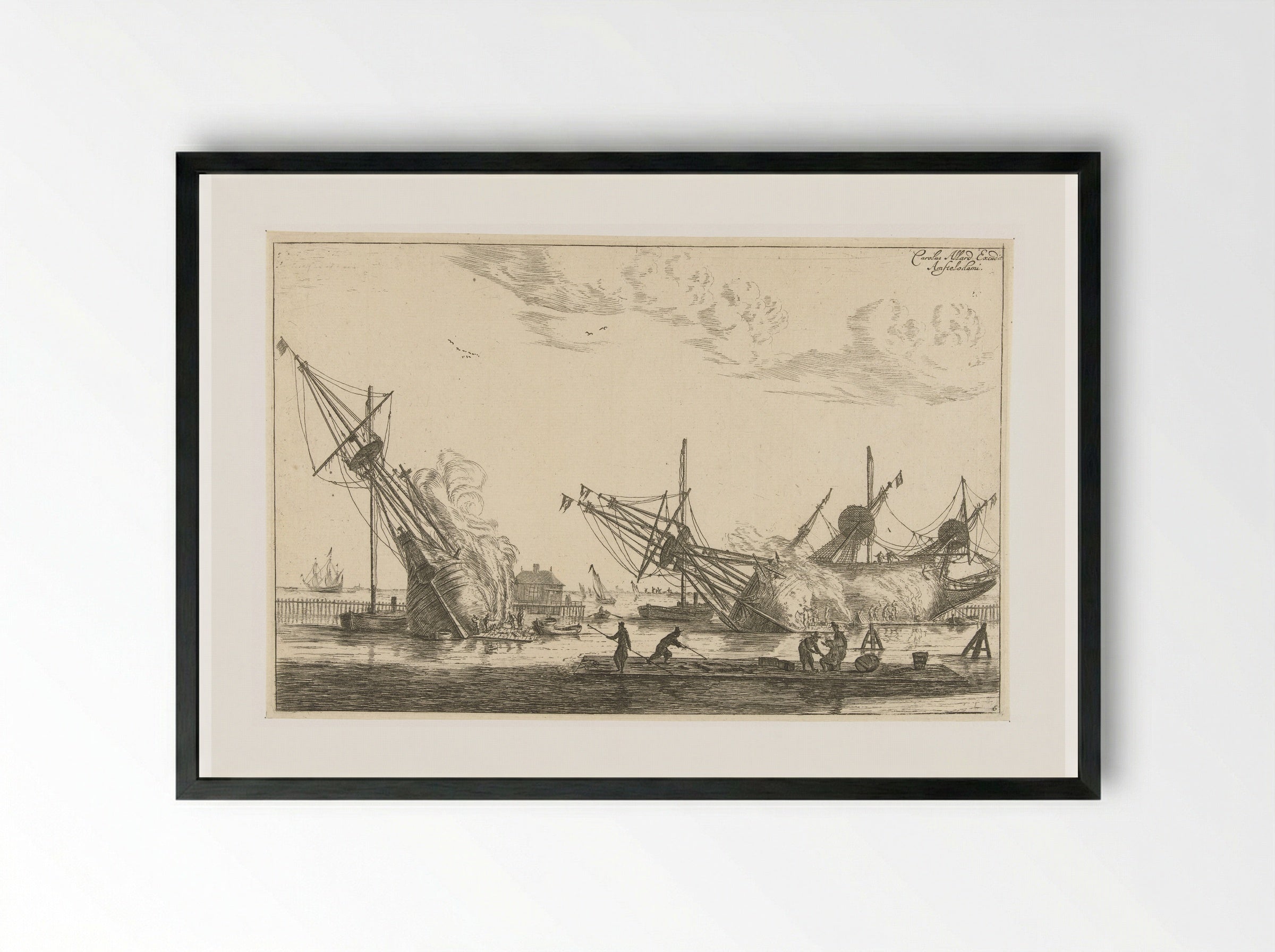 Waterdichtmaken van de rompen van drie fluitschepen - Reinier Nooms - Framed Print Black