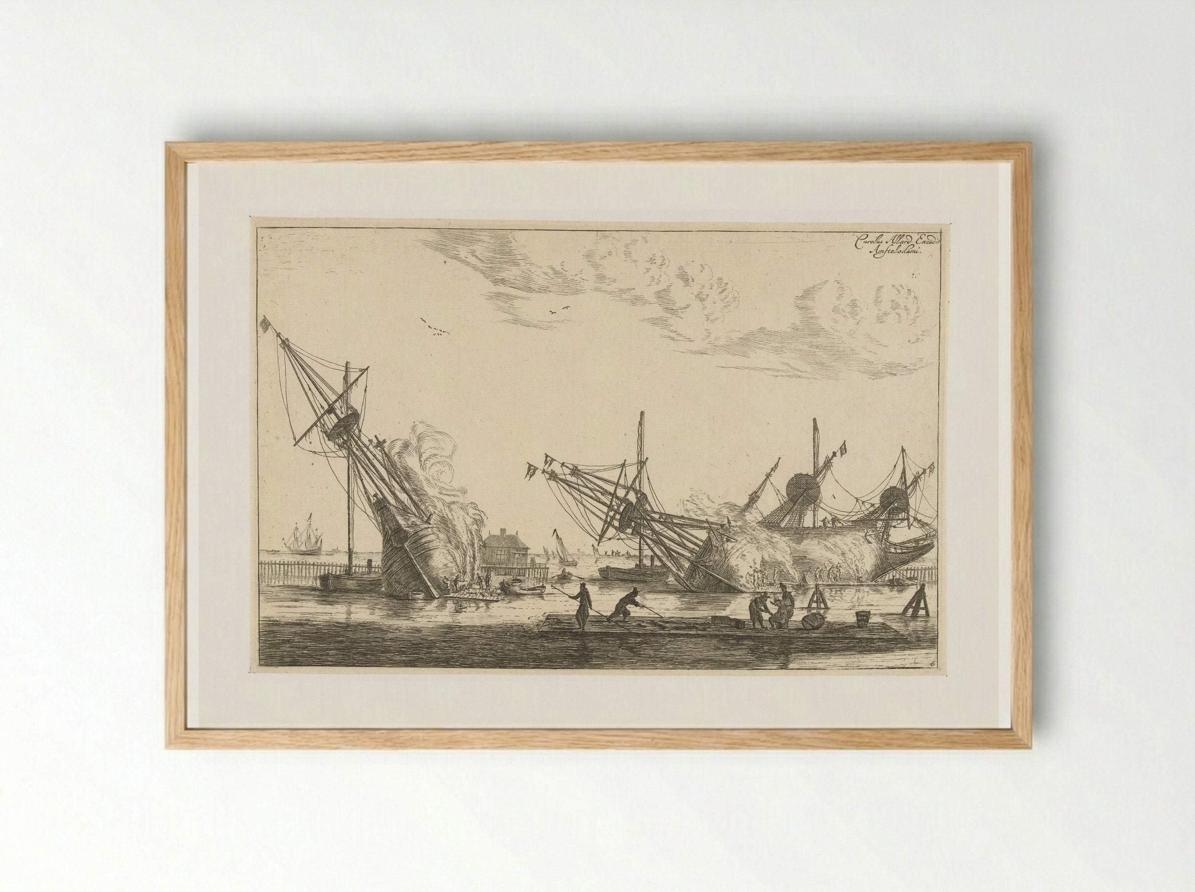 Waterdichtmaken van de rompen van drie fluitschepen - Reinier Nooms - Framed Print Wood
