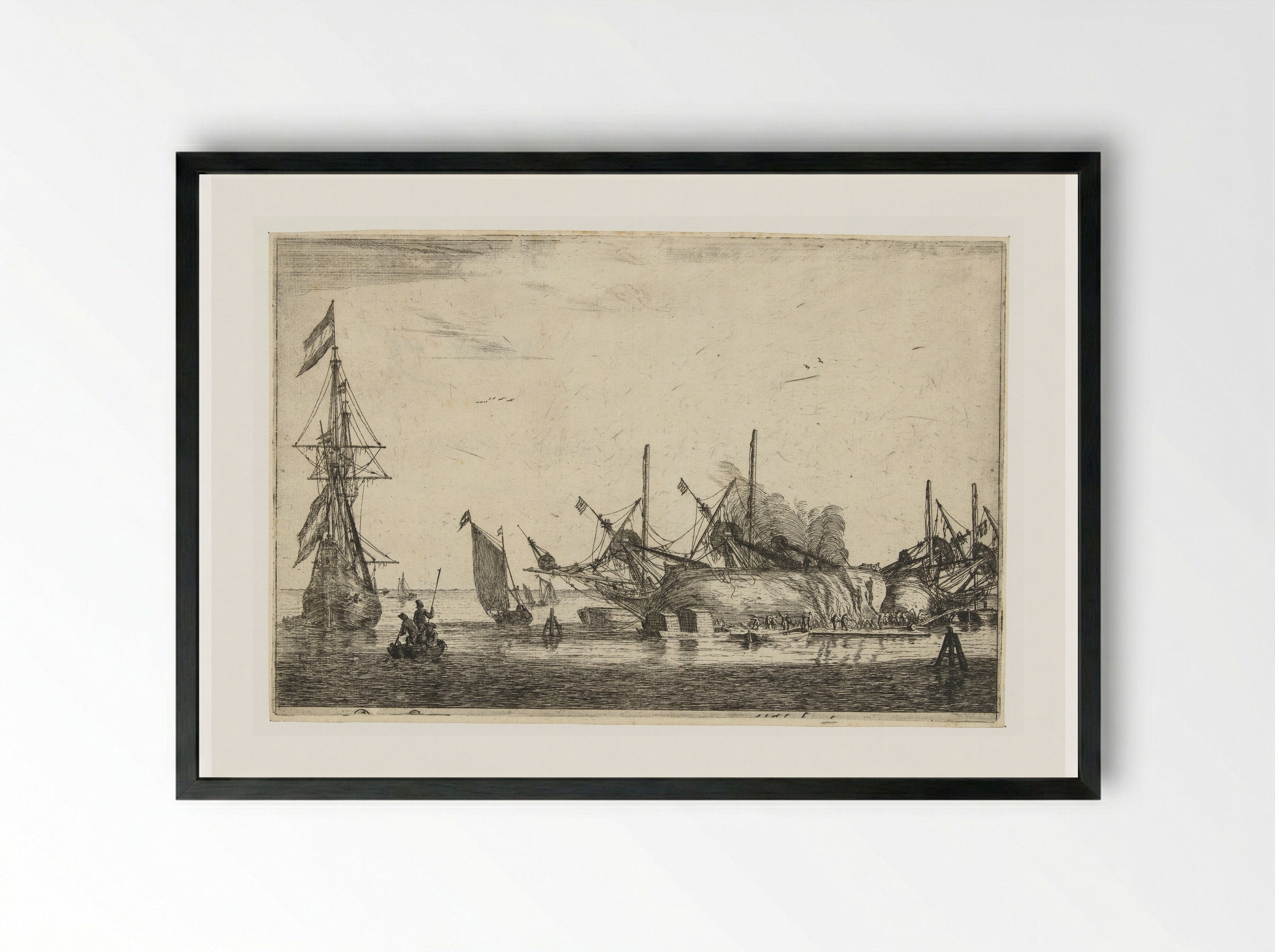 Waterdichtmaken van de rompen van twee schepen - Reinier Nooms - Framed Print Black