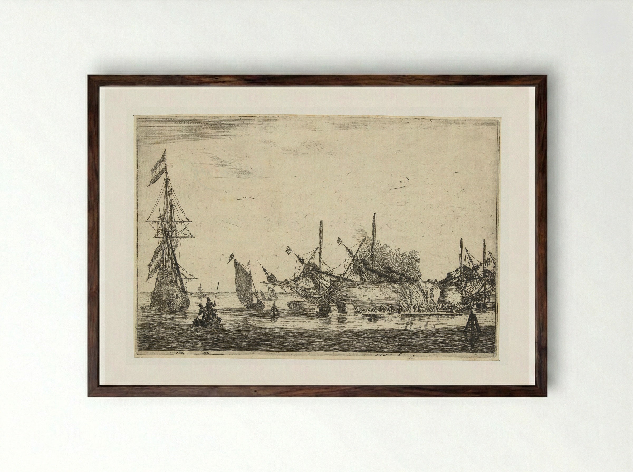 Waterdichtmaken van de rompen van twee schepen - Reinier Nooms - Framed Print Dark Wood