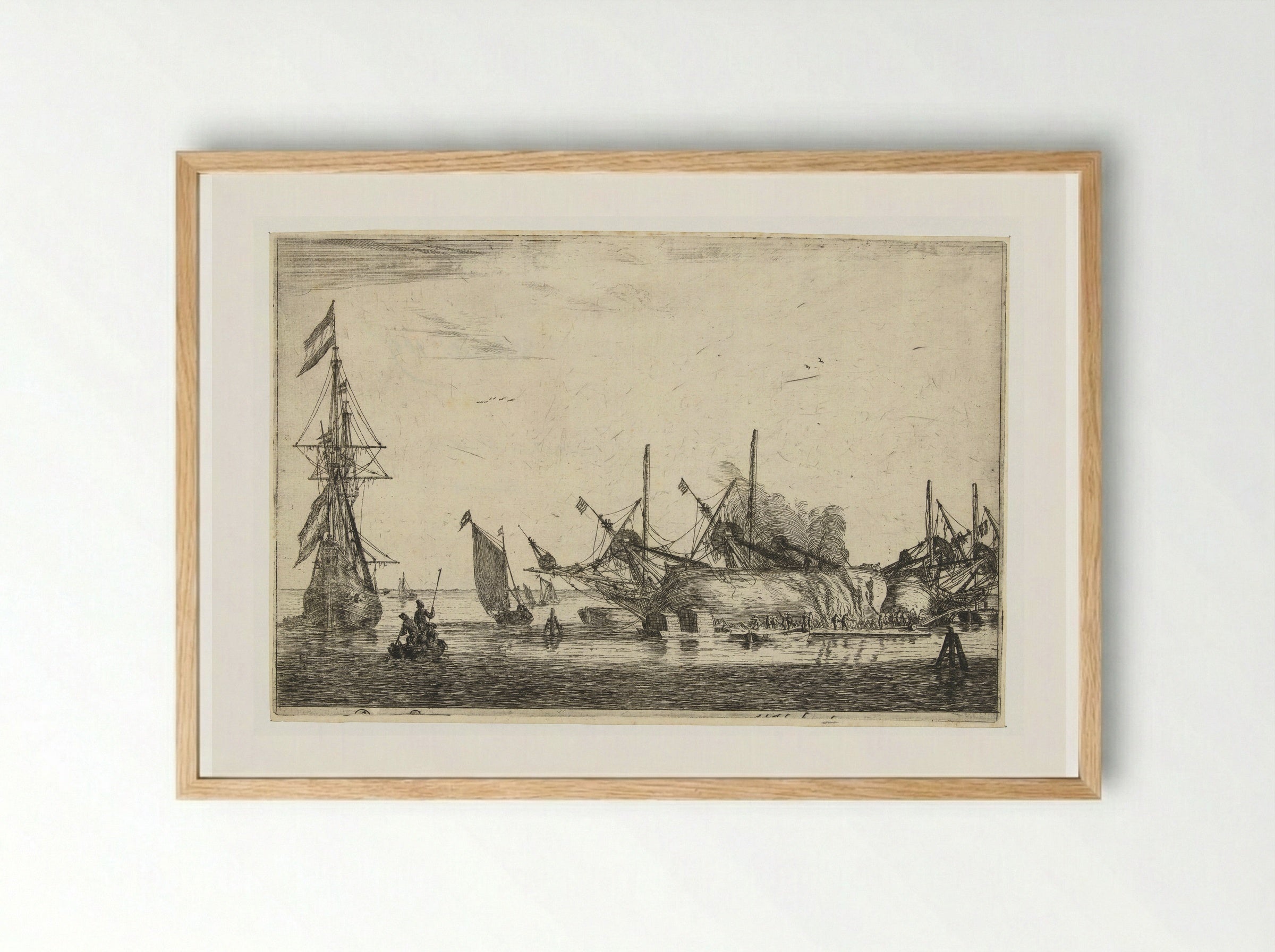 Waterdichtmaken van de rompen van twee schepen - Reinier Nooms - Framed Print Wood