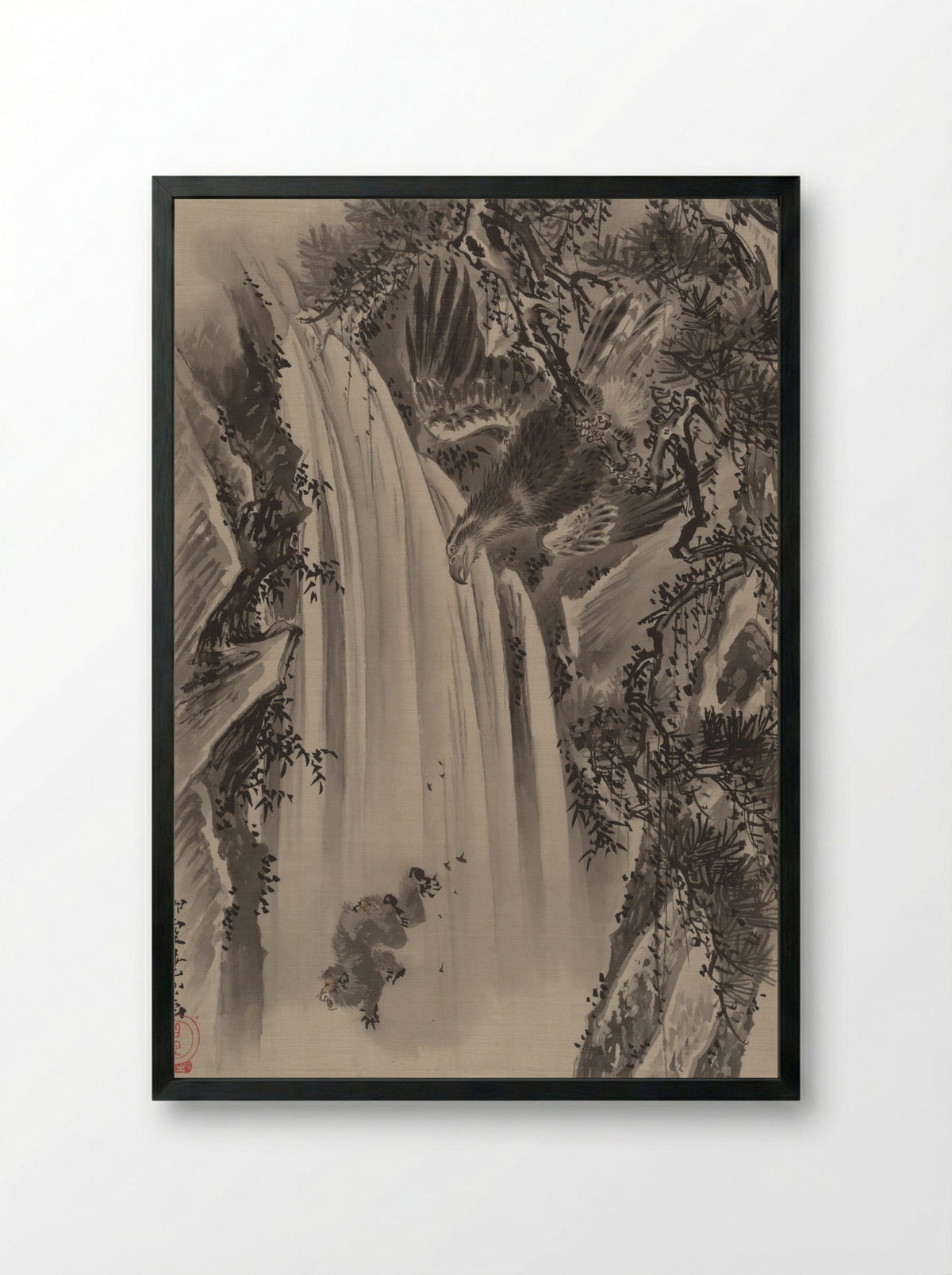 Waterfall, Eagle and Monkey - Kawanabe Kyōsai - Framed Print Black