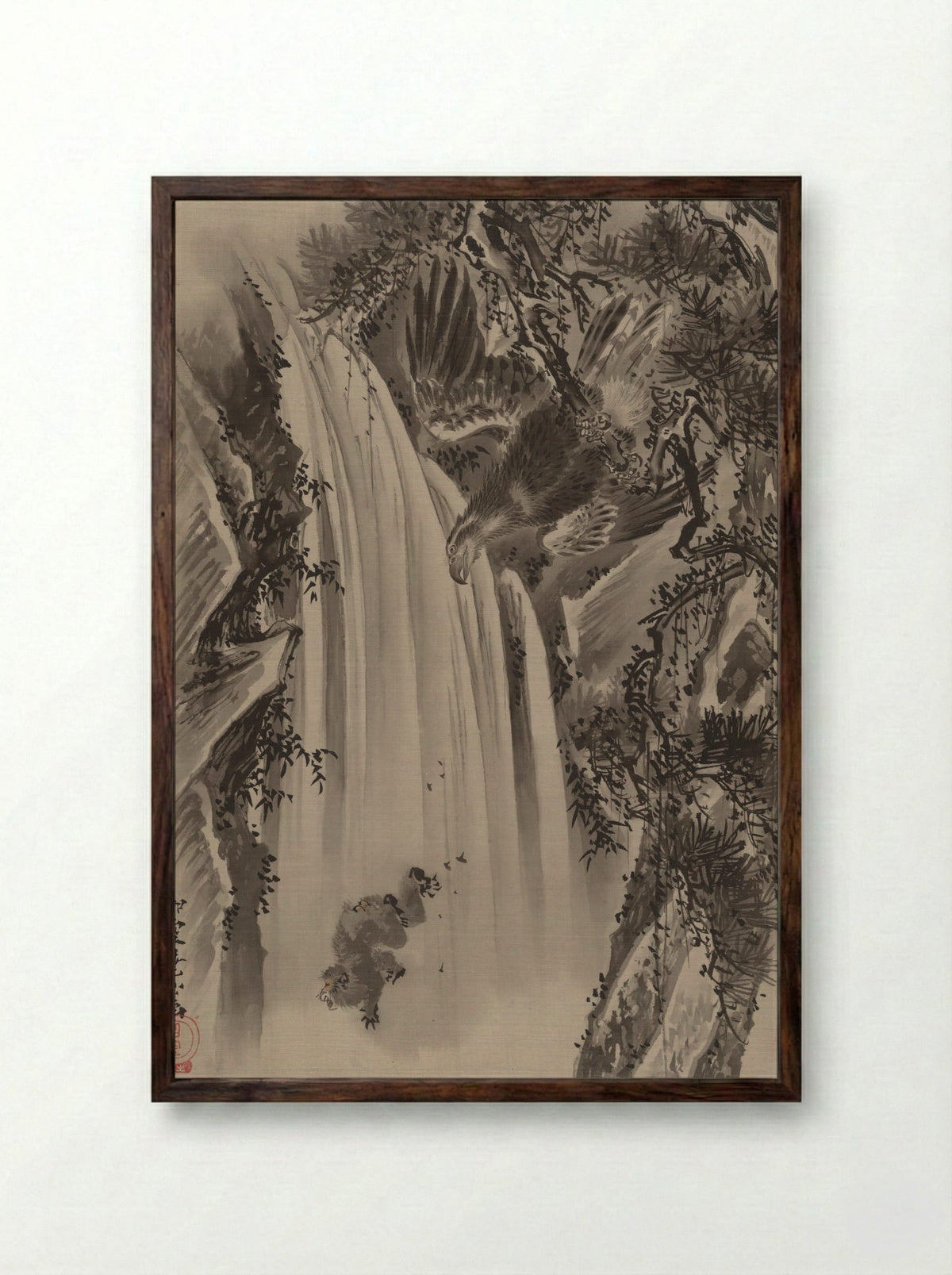 Waterfall, Eagle and Monkey - Kawanabe Kyōsai - Framed Print Dark Wood