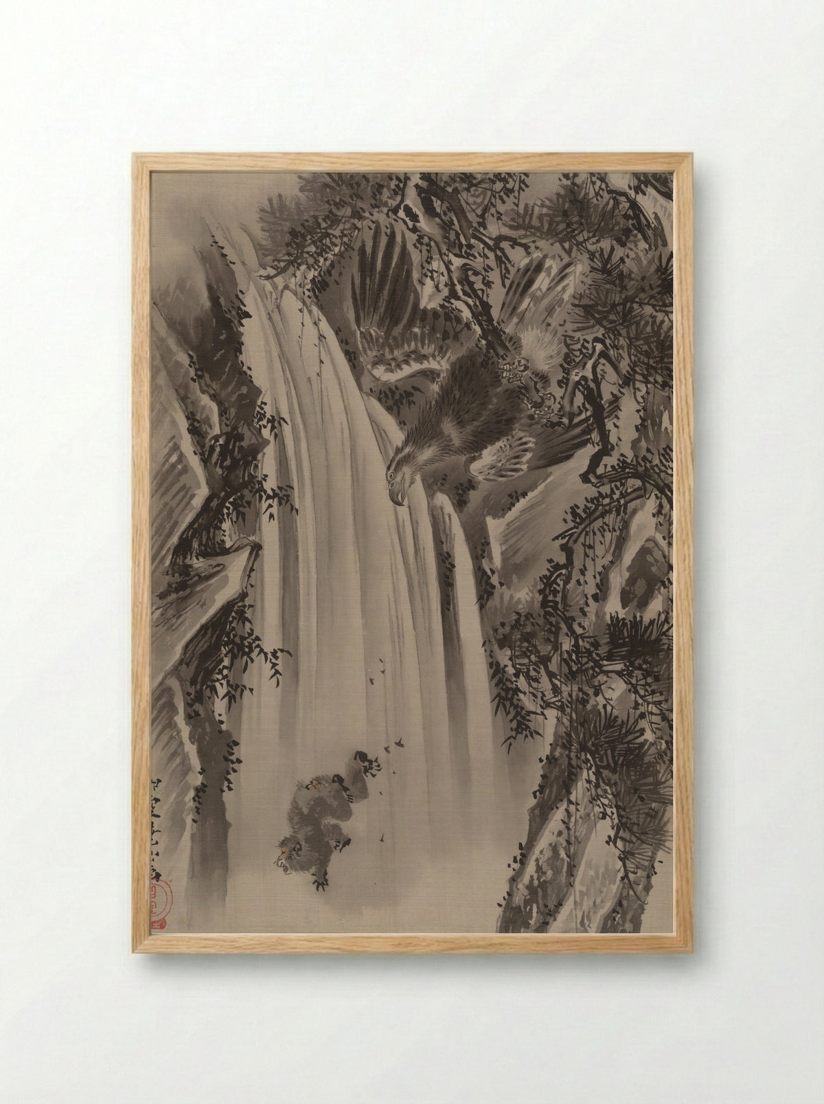 Waterfall, Eagle and Monkey - Kawanabe Kyōsai - Framed Print Wood