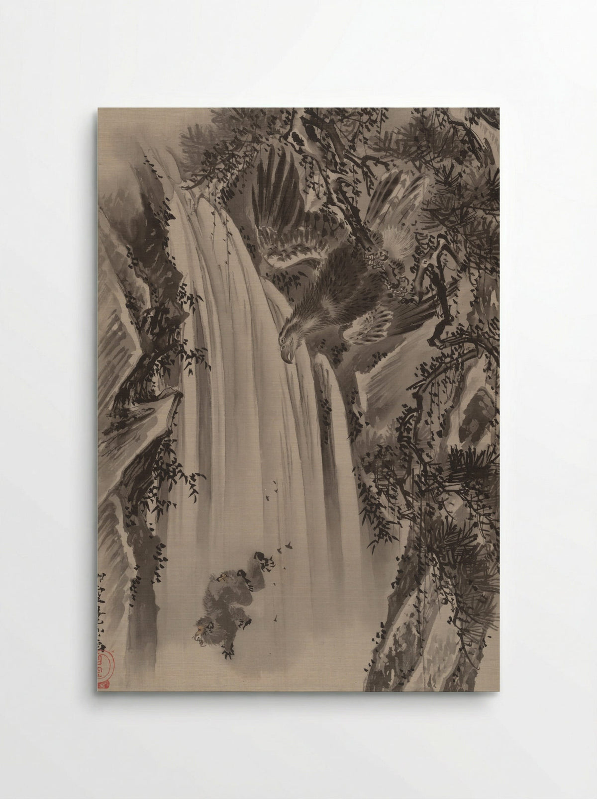 Waterfall, Eagle and Monkey - Kawanabe Kyōsai - Poster