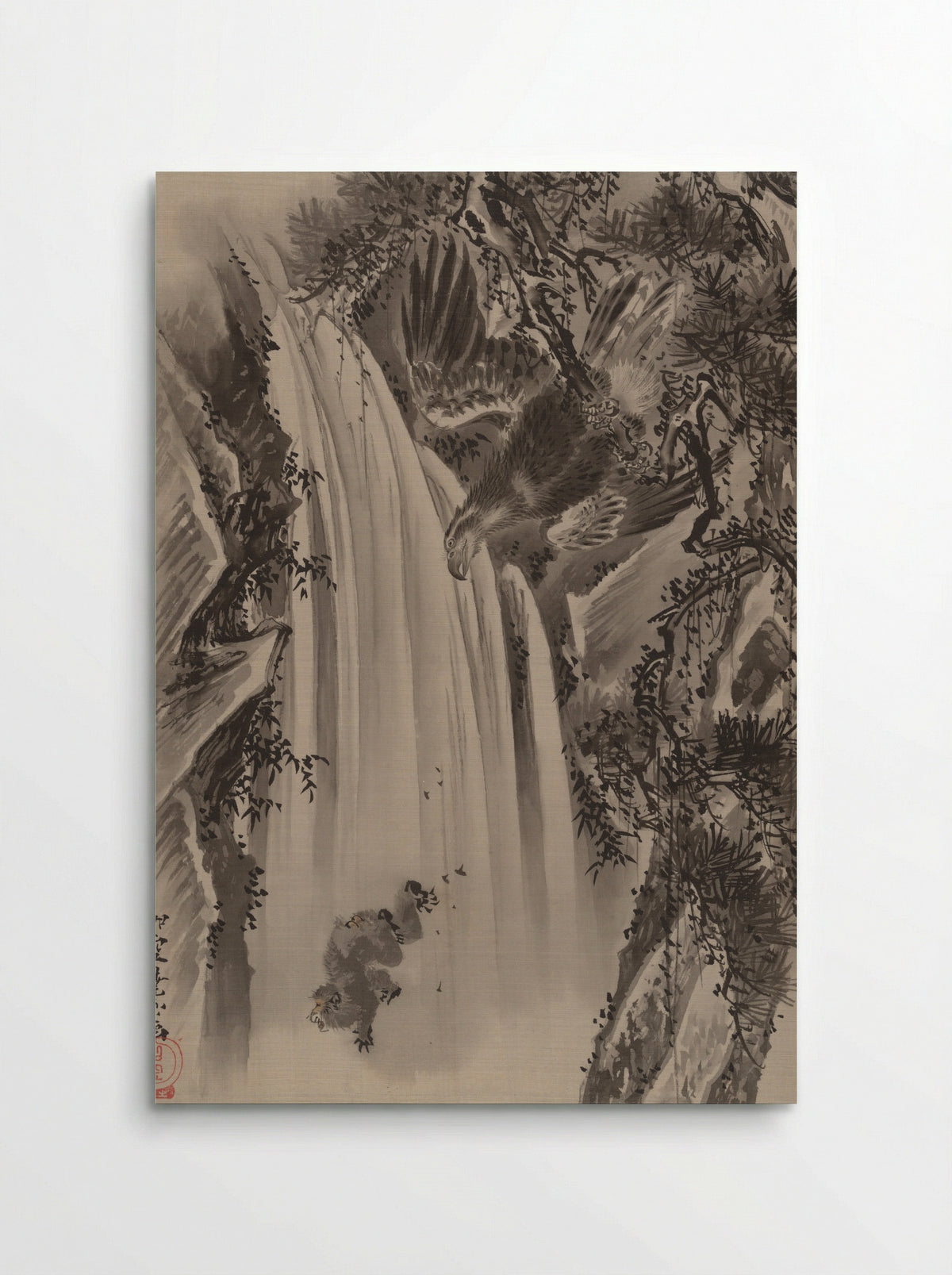Waterfall, Eagle and Monkey - Kawanabe Kyōsai - Poster