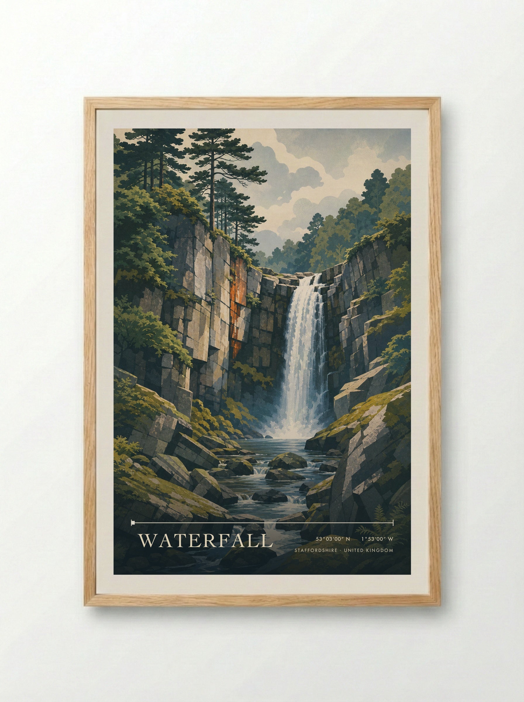 Waterfall Staffordshire United Kingdom Travel Poster - Framed Print Wood