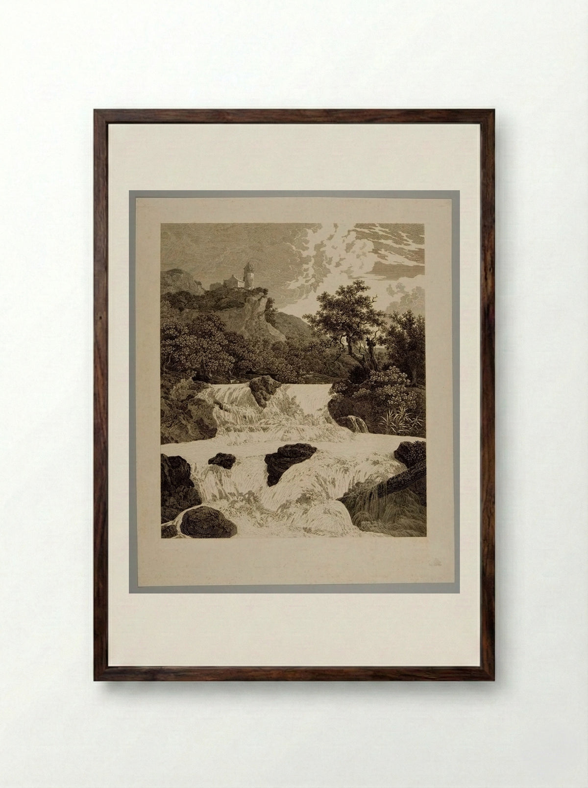 Waterfall with Rocks - Christian Haldenwang - Framed Print Dark Wood