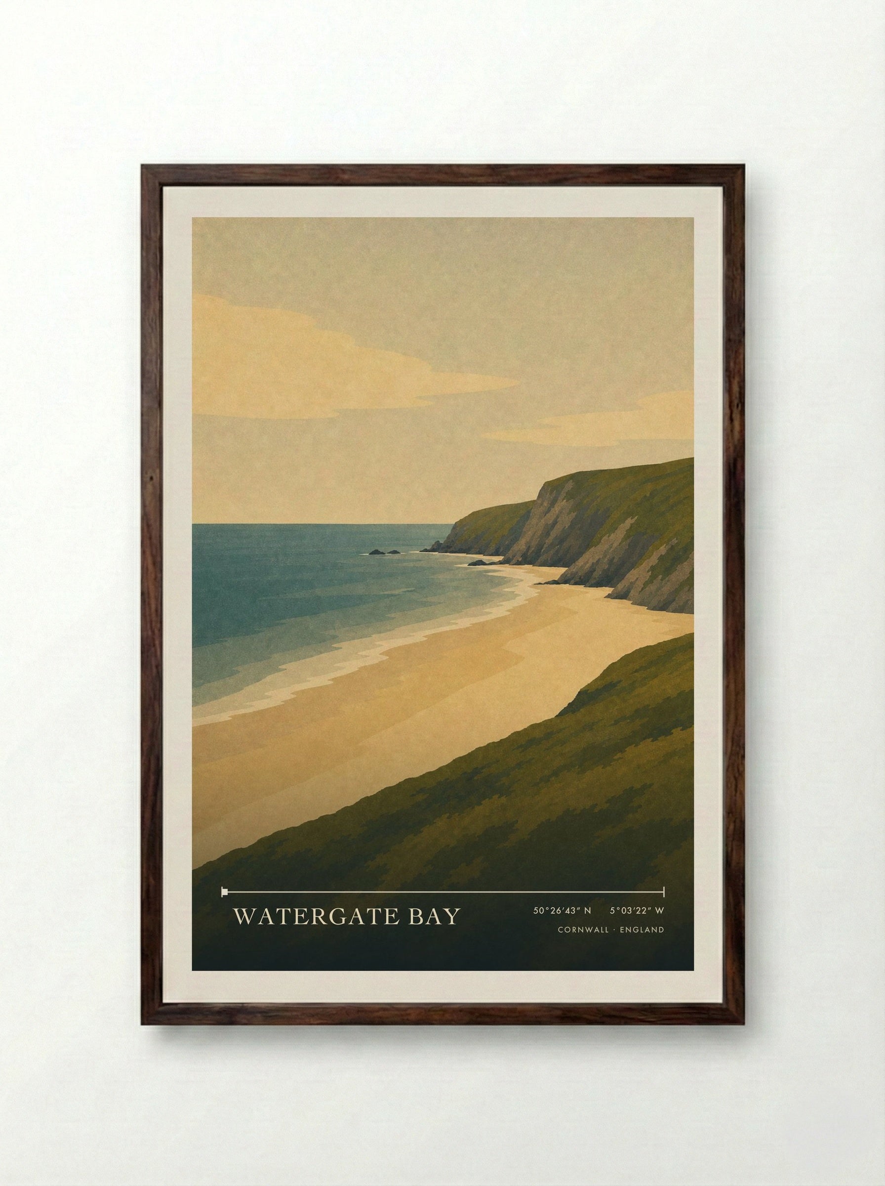 Watergate Bay Cornwall England Travel Poster - Framed Print Dark Wood