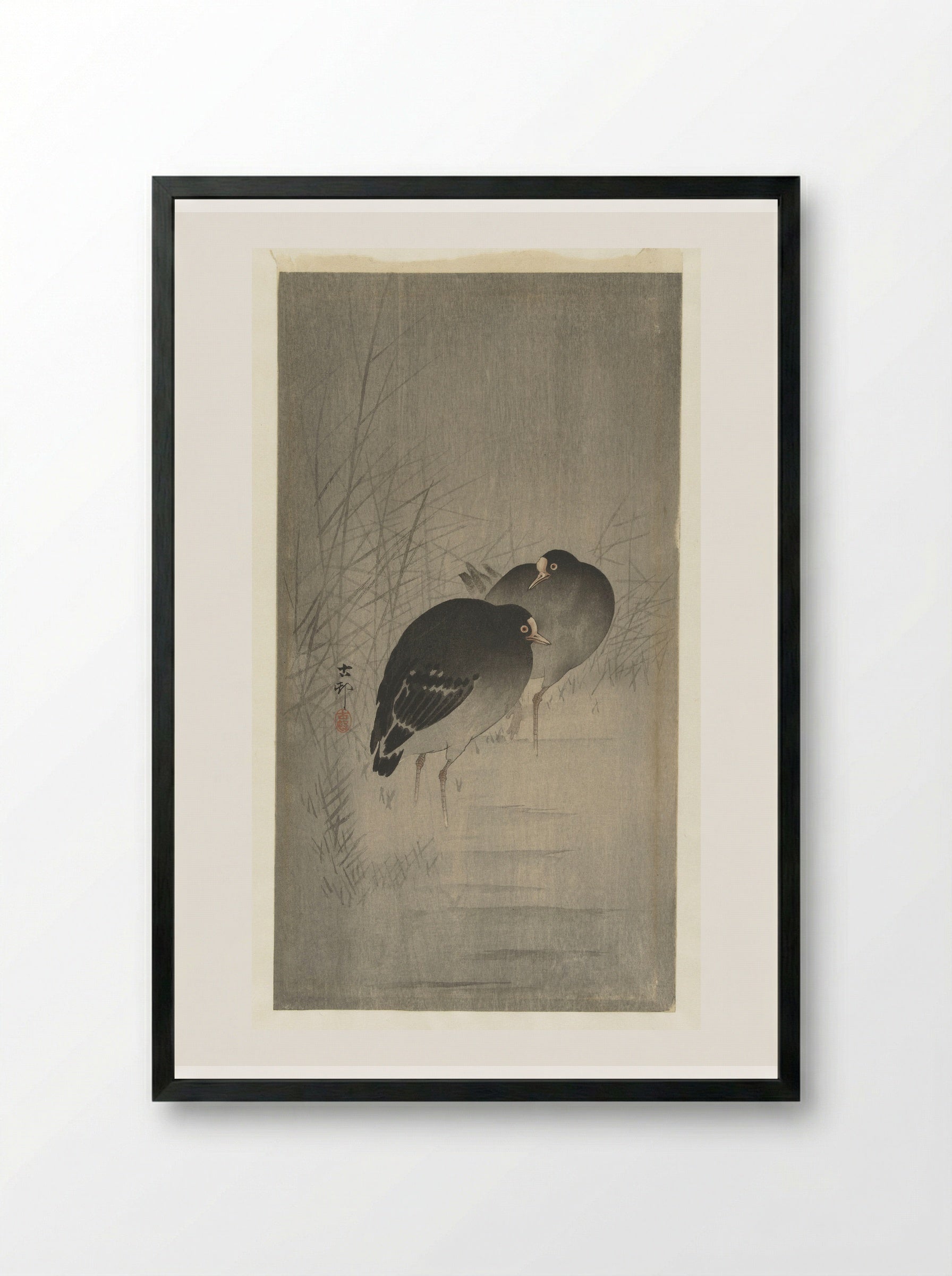 Waterhoentjes tussen riet (Moorhens among Reeds) - Matsuki Heikichi - Framed Print Black
