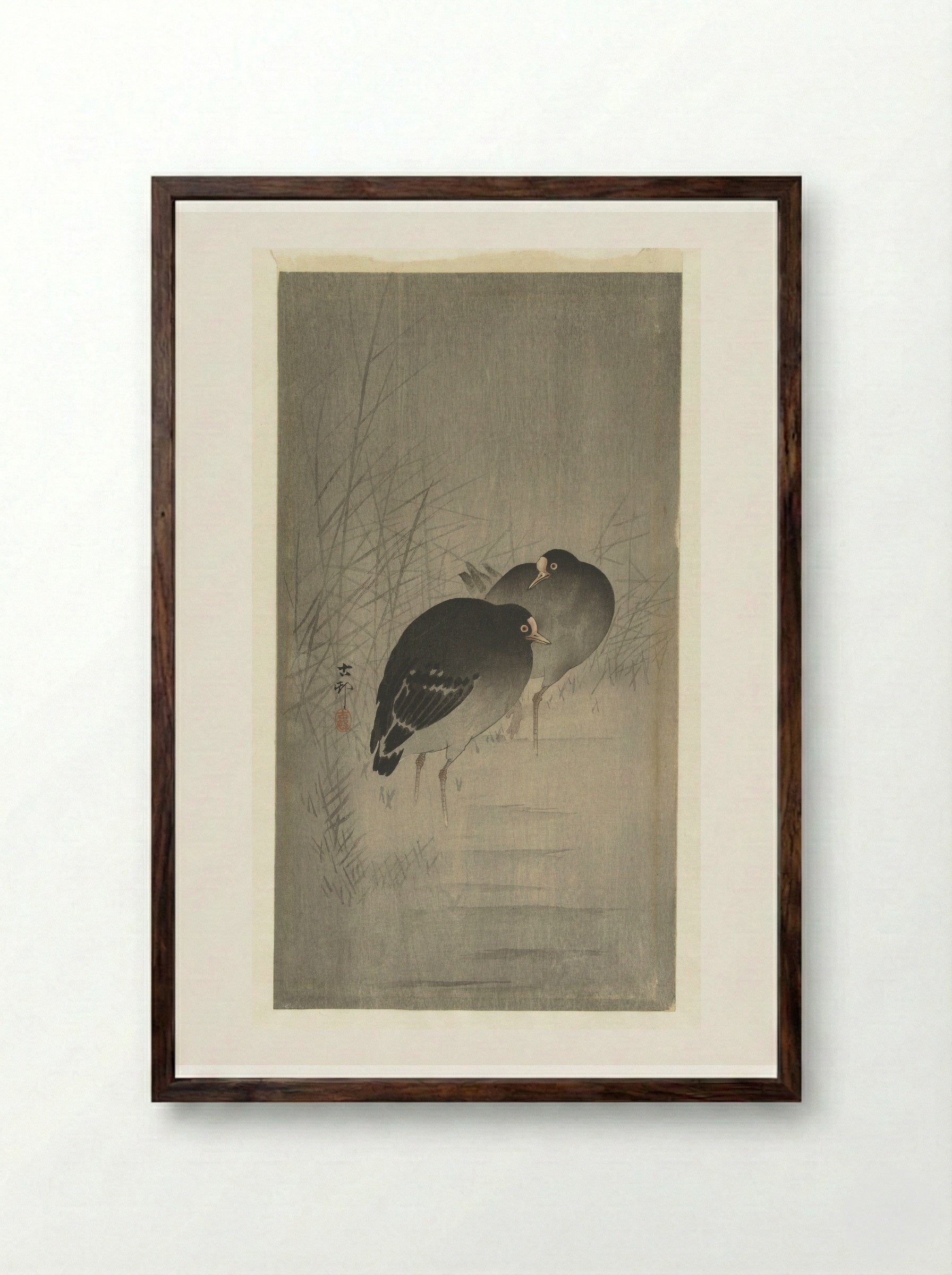 Waterhoentjes tussen riet (Moorhens among Reeds) - Matsuki Heikichi - Framed Print Dark Wood