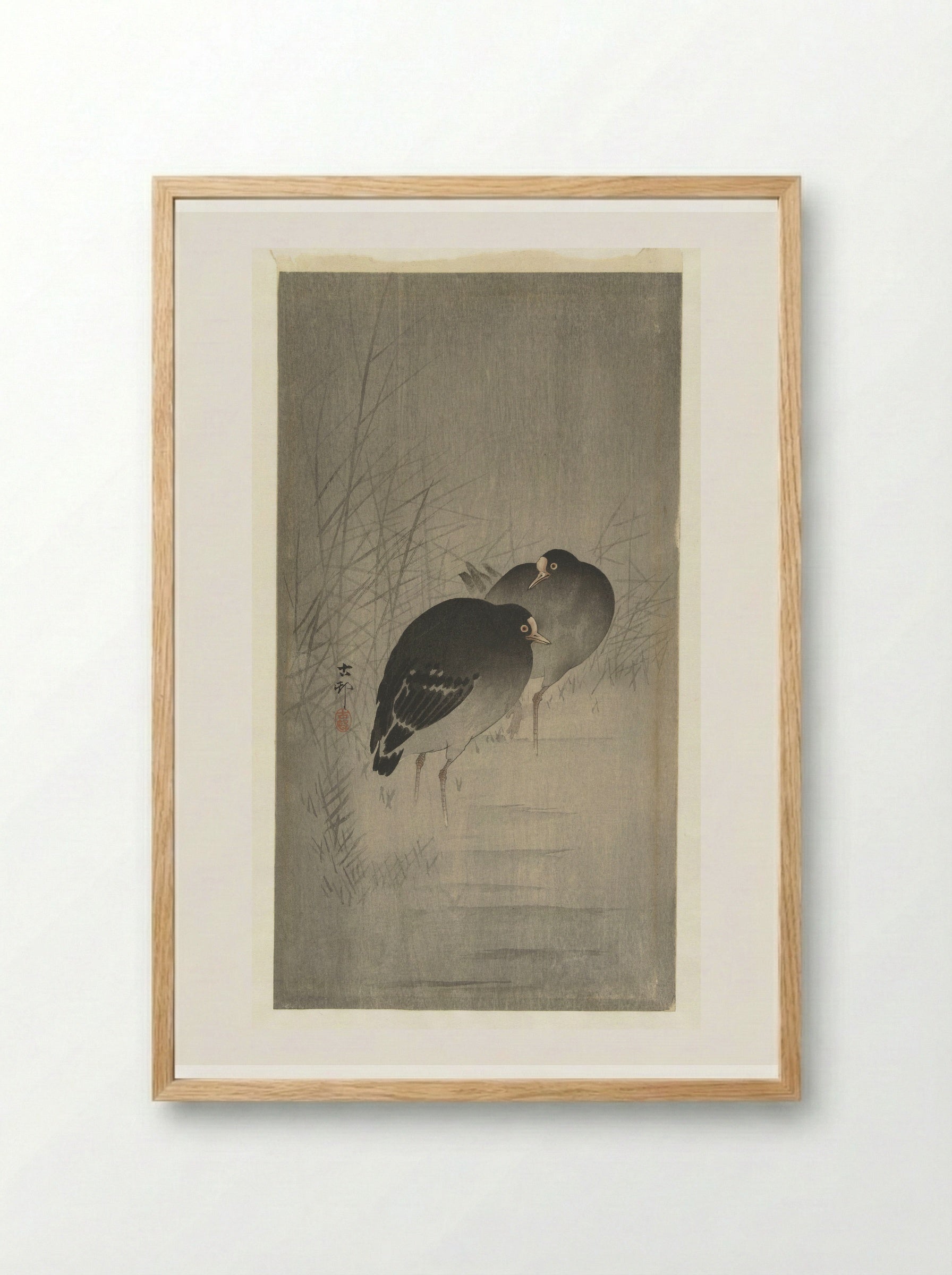 Waterhoentjes tussen riet (Moorhens among Reeds) - Matsuki Heikichi - Framed Print Wood