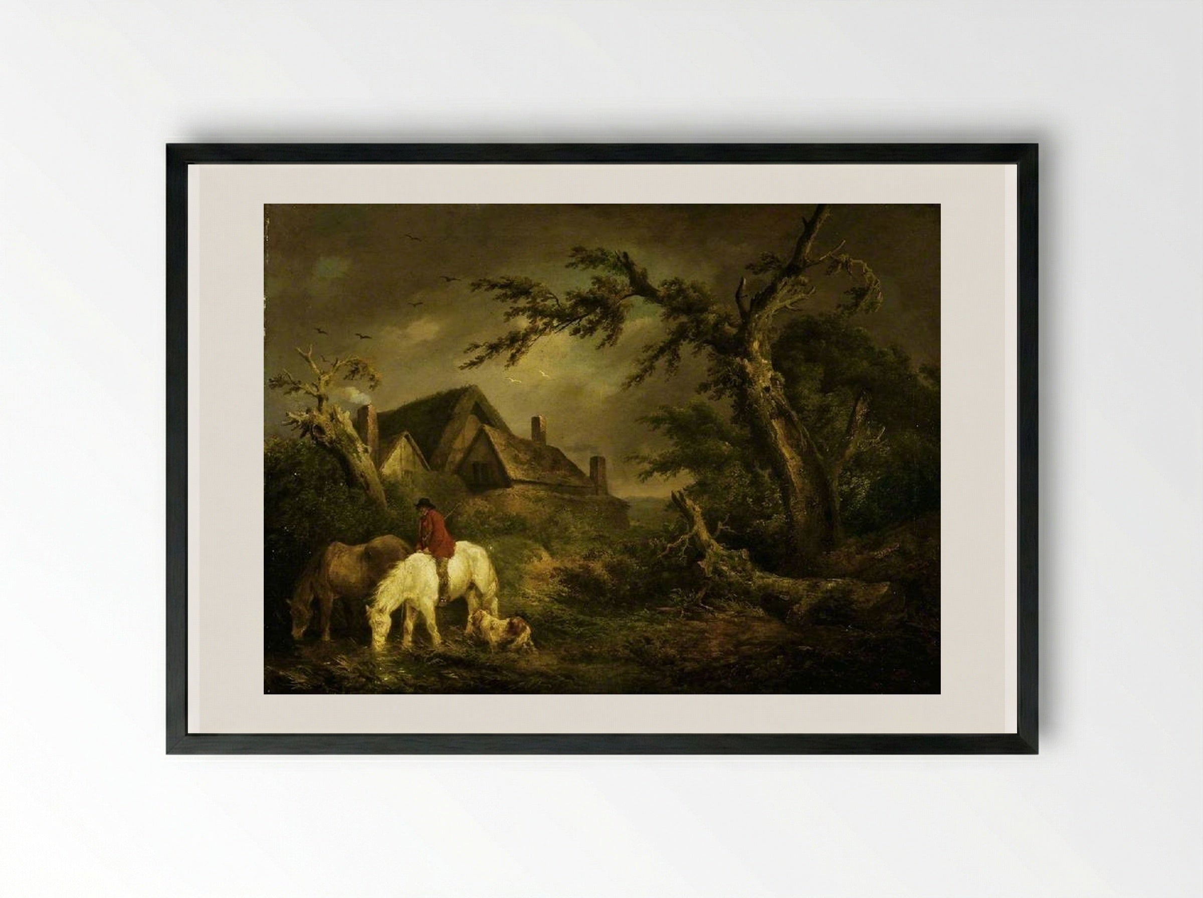 Watering Horses - George Morland - Framed Print Black