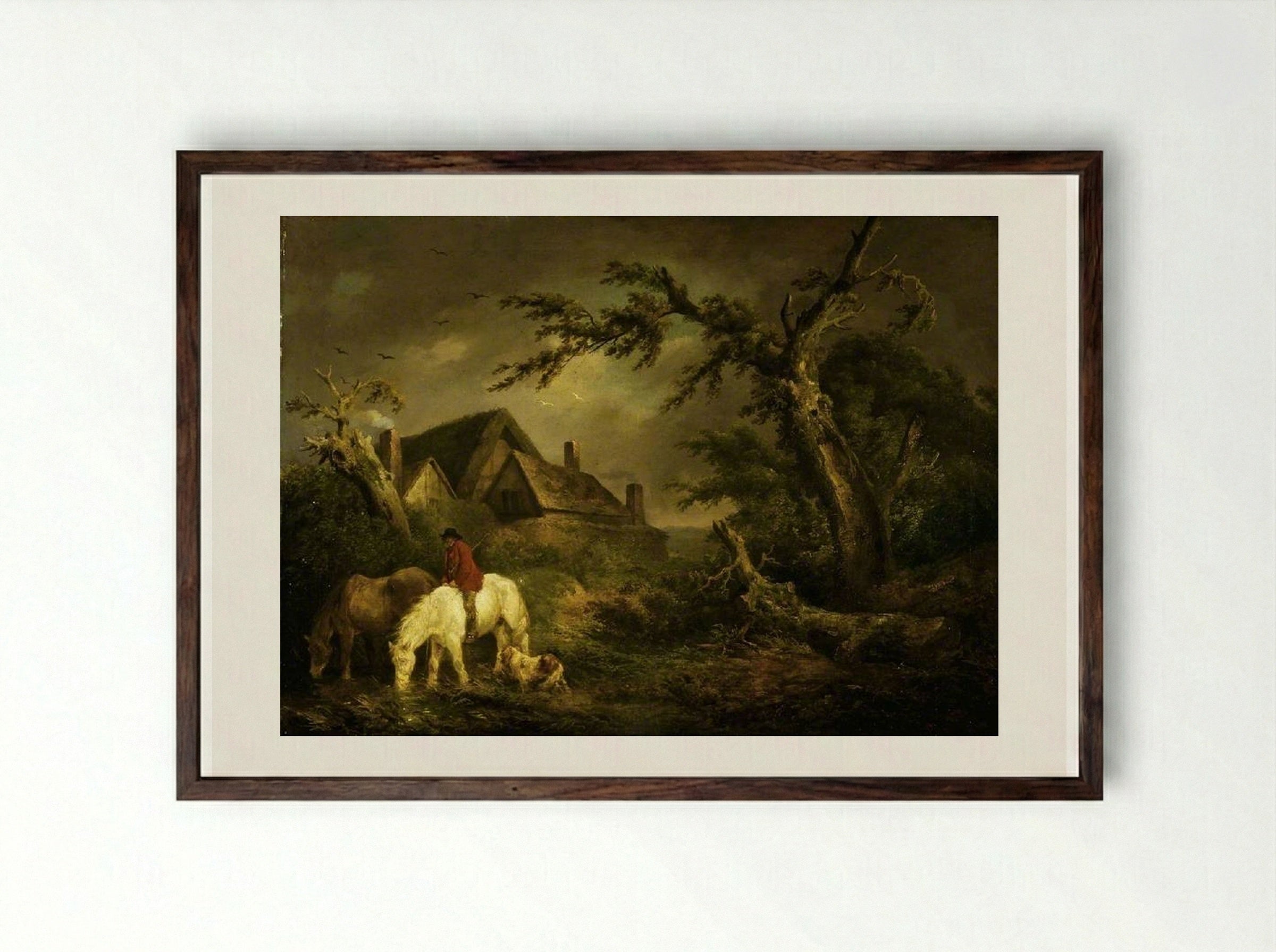 Watering Horses - George Morland - Framed Print Dark Wood