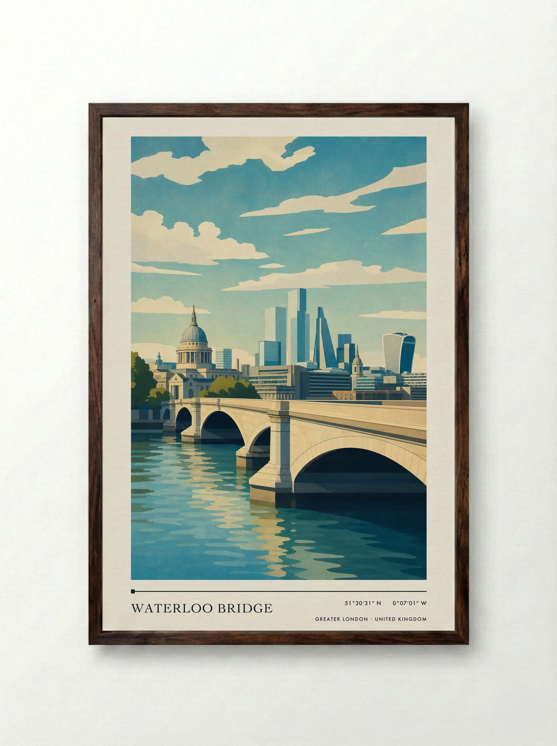 Waterloo Bridge Greater London United Kingdom Travel Poster - Framed Print Dark Wood
