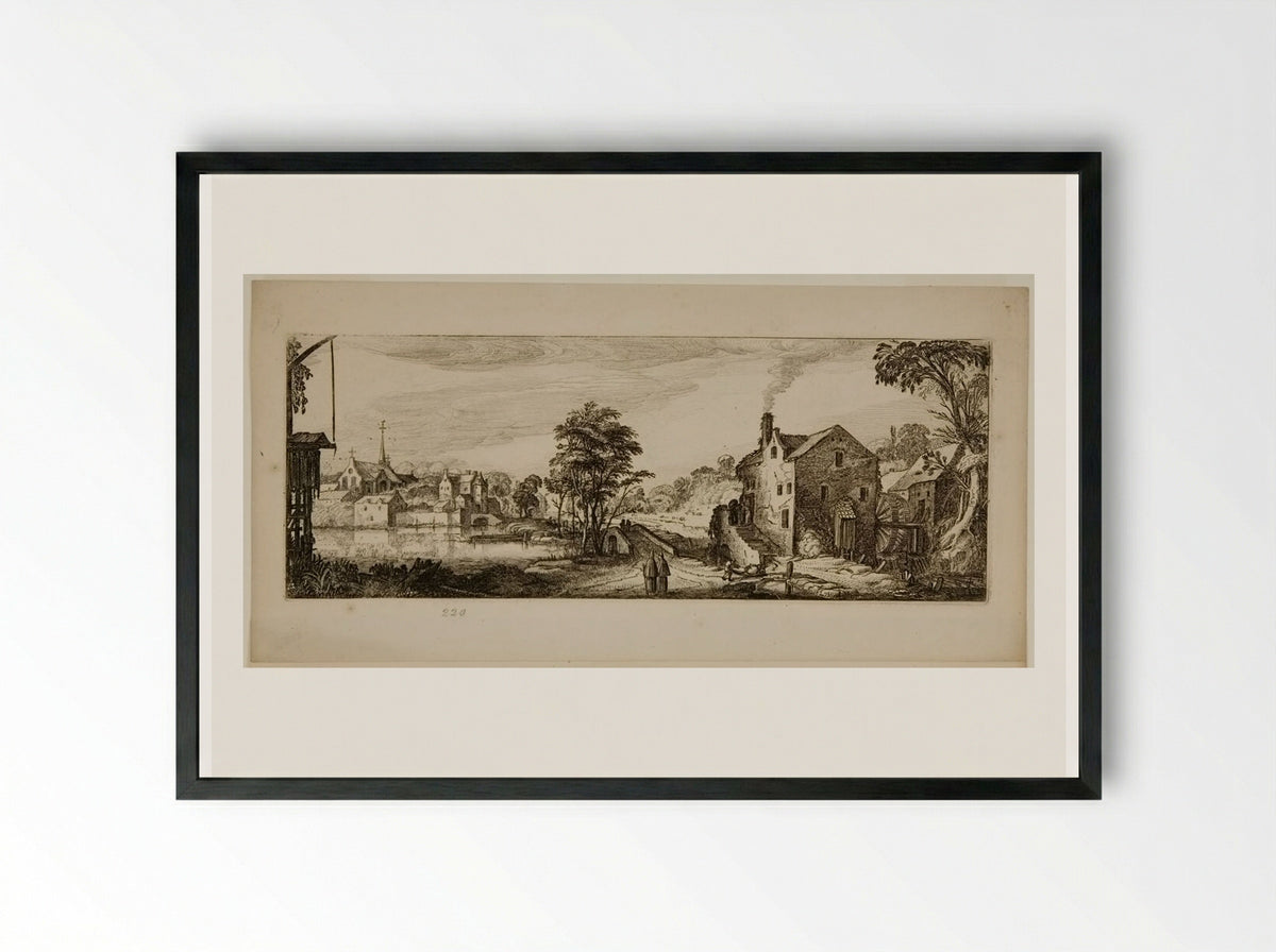 Watermill near a Village - Jan van de Velde II - Framed Print Black