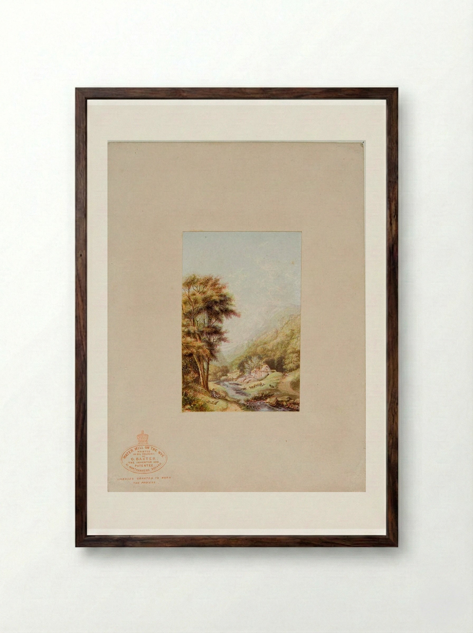 Watermill on the Wye - George Baxter - Framed Print Dark Wood
