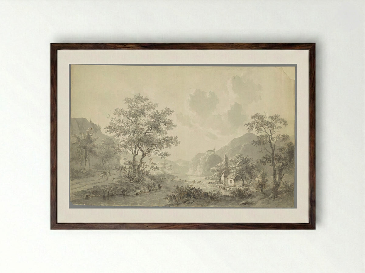 Watervalletje bij een meer in een berglandschap - Jacob van Strij - Framed Print Dark Wood