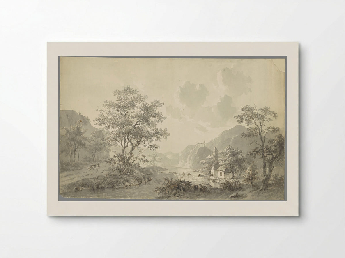Watervalletje bij een meer in een berglandschap - Jacob van Strij - Poster