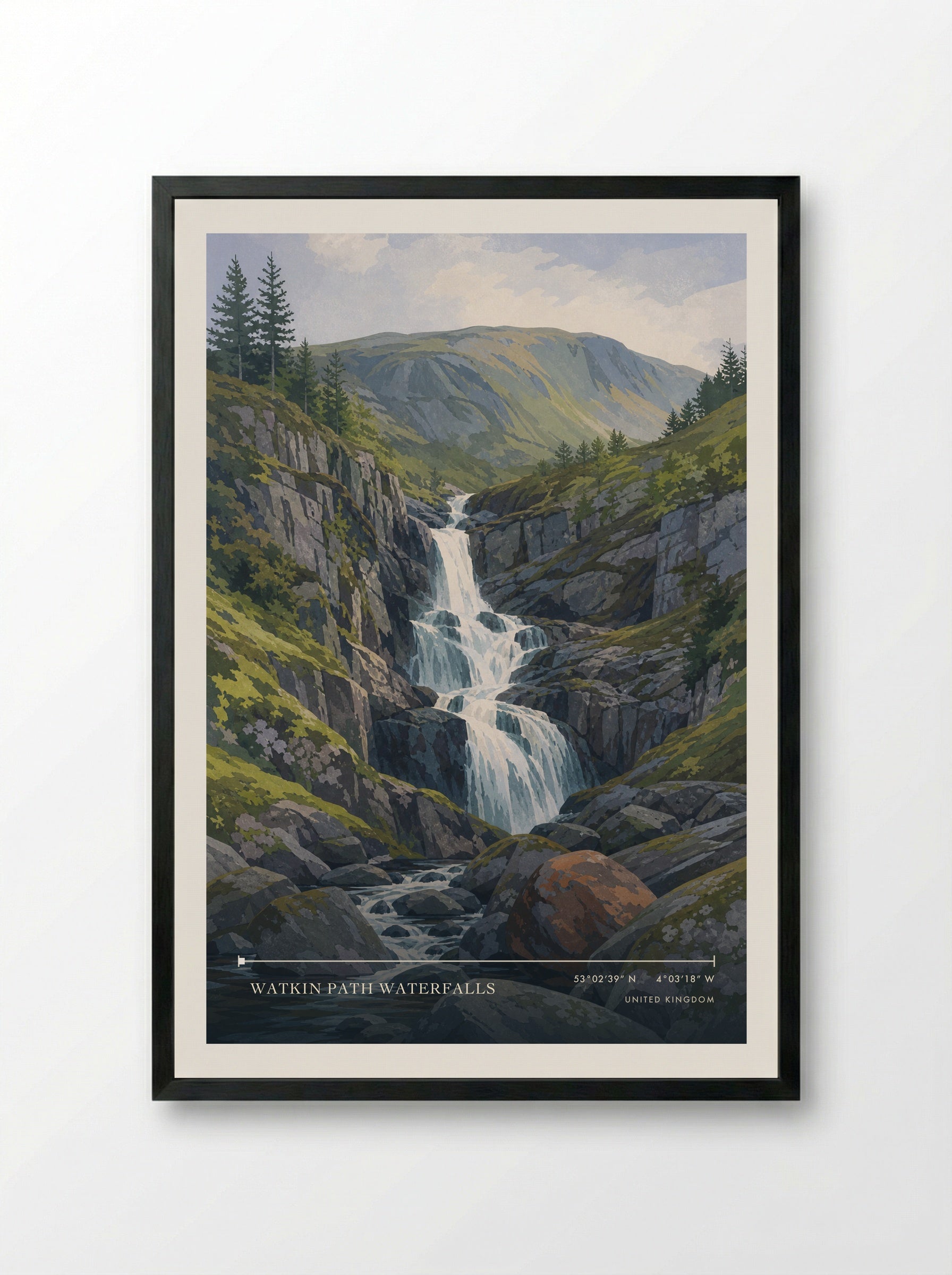 Watkin Path Waterfalls United Kingdom Travel Poster - Framed Print Black