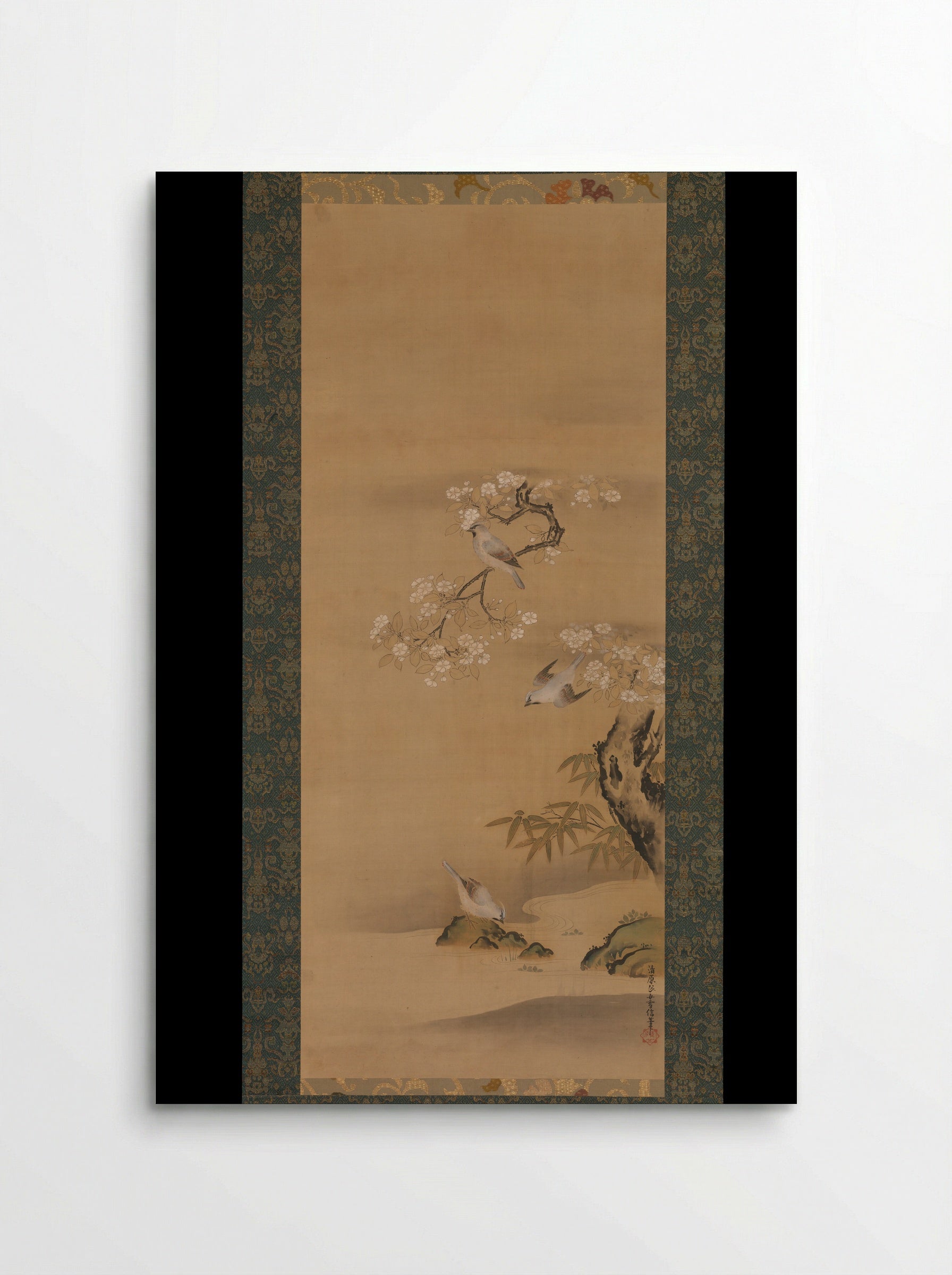 Waxwings, Cherry Blossoms, and Bamboo - Kiyohara Yukinobu - Poster