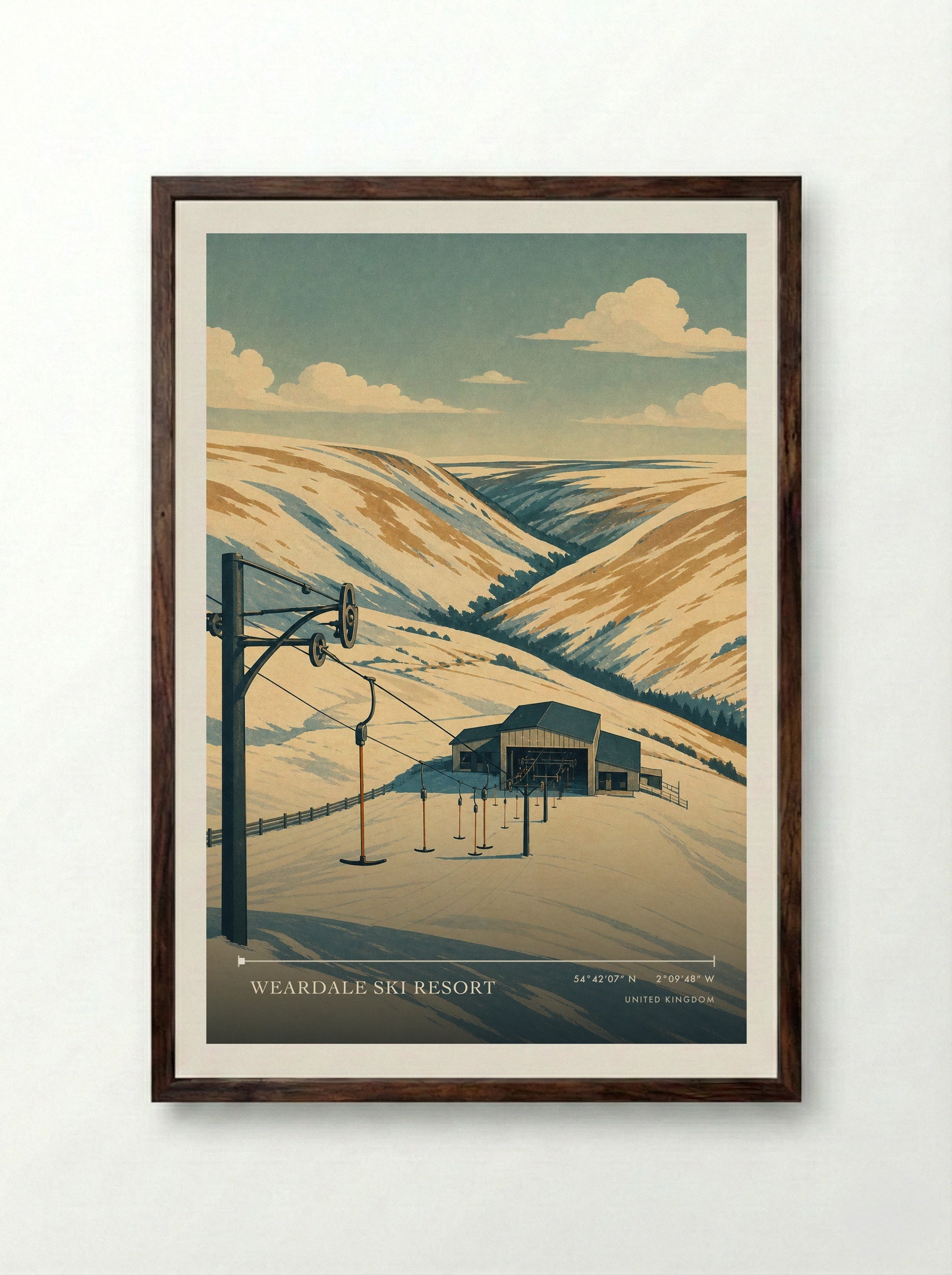 Weardale Ski Resort United Kingdom Travel Poster - Framed Print Dark Wood