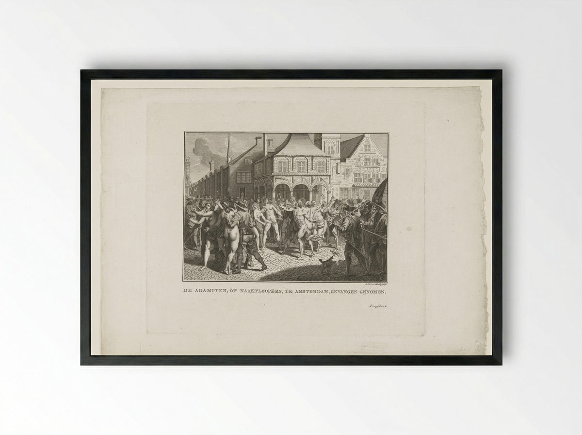Wederdopers lopen naakt over de Dam te Amsterdam, 1535 - Jan Lucas van der Beek - Framed Print Black