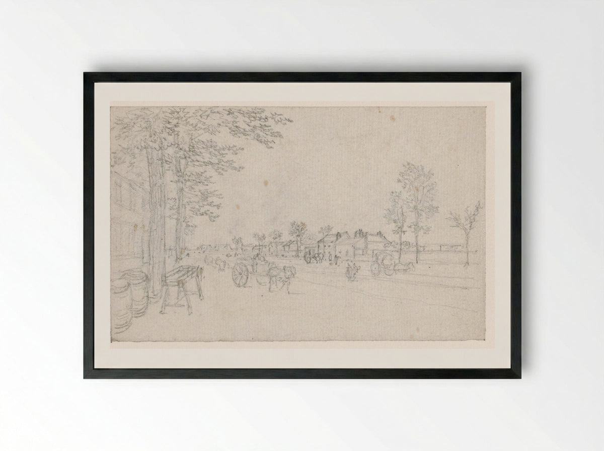Weg buiten de stad met karren - Georges Michel - Framed Print Black