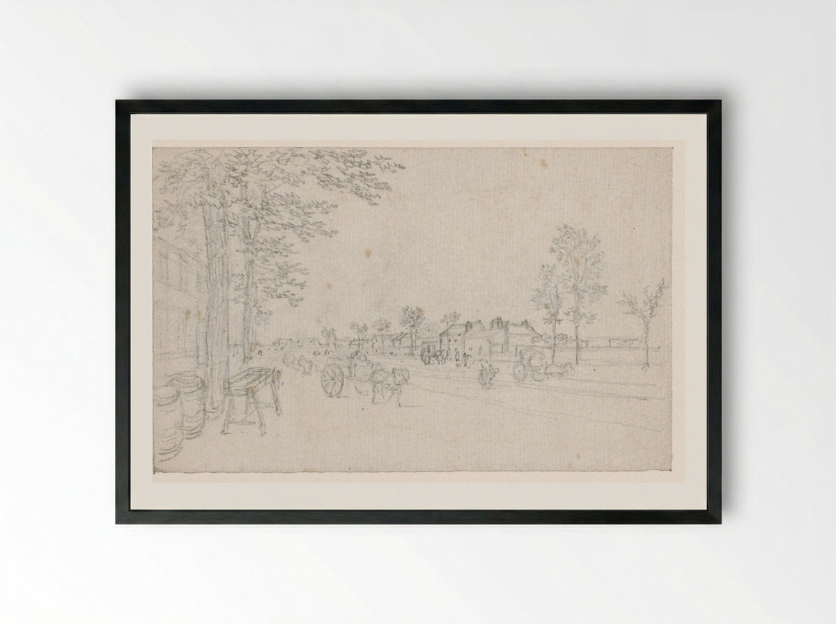 Weg buiten de stad met karren - Georges Michel - Framed Print Black