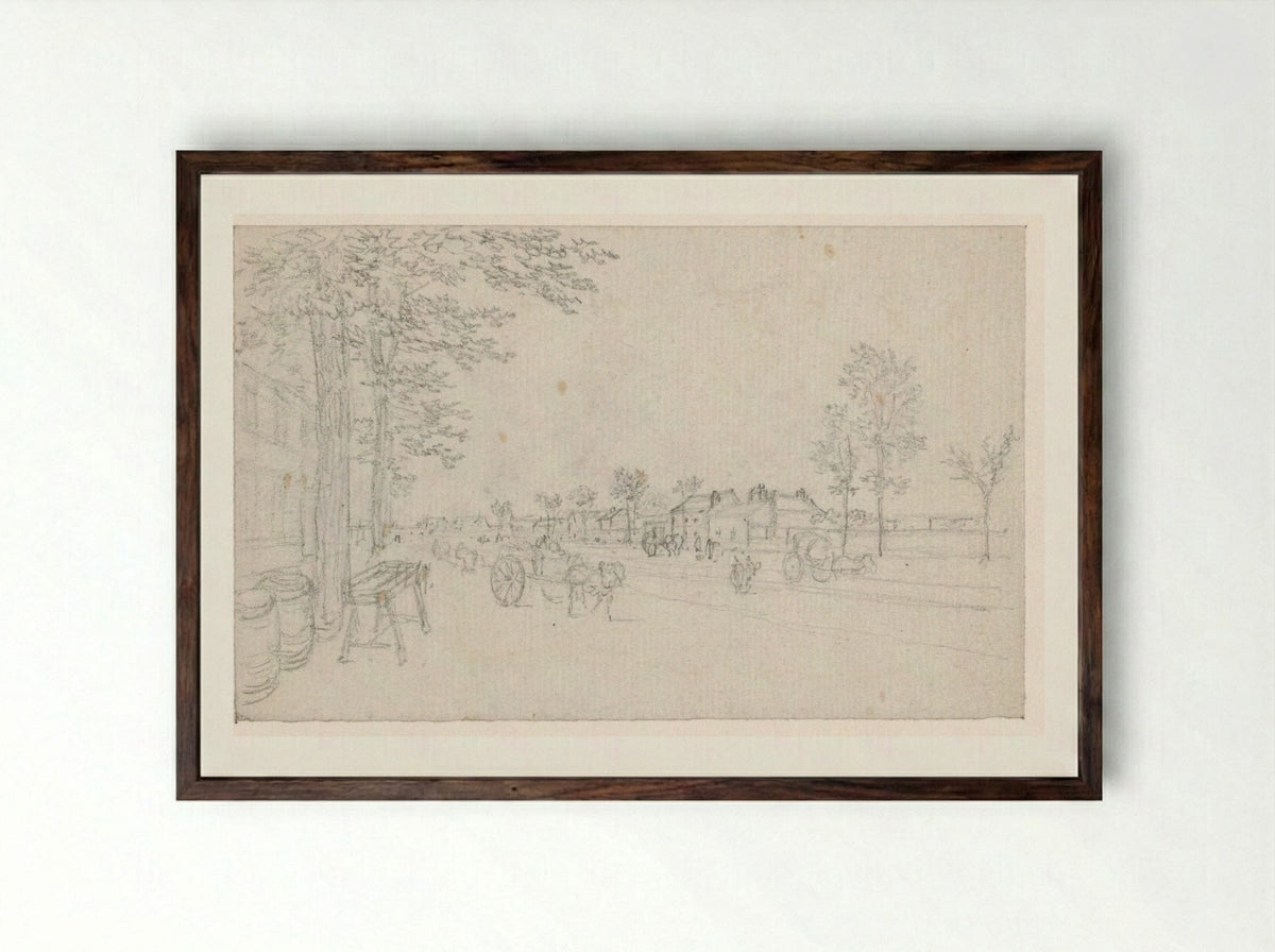 Weg buiten de stad met karren - Georges Michel - Framed Print Dark Wood