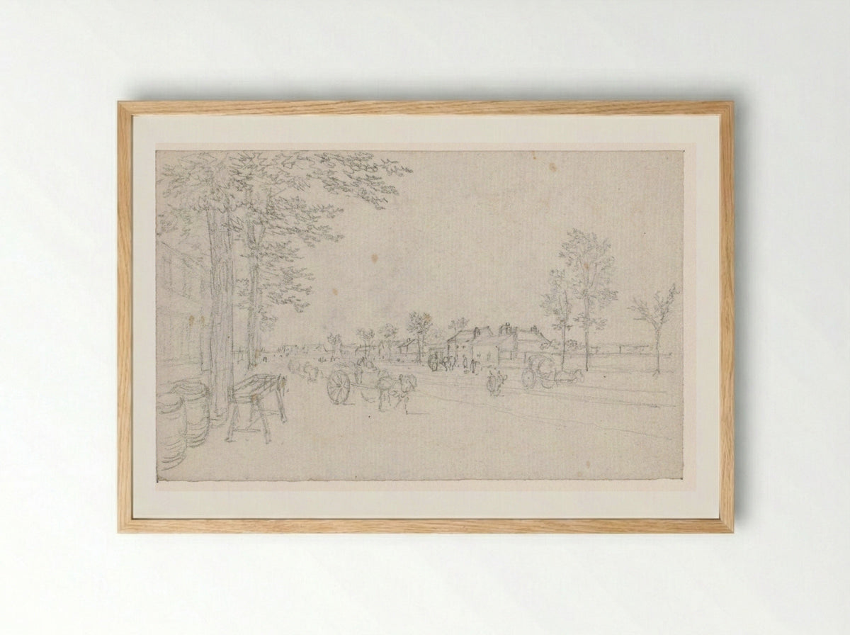 Weg buiten de stad met karren - Georges Michel - Framed Print Wood