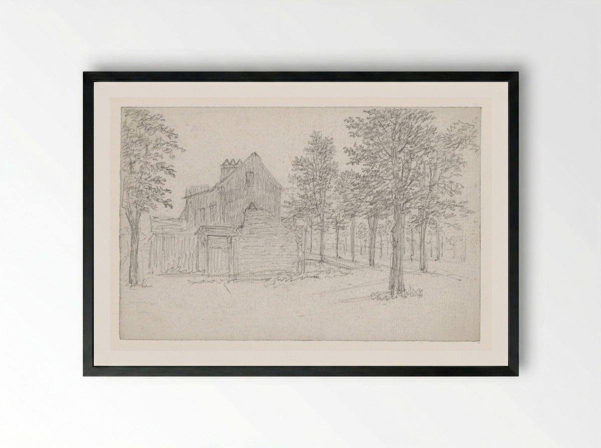Weg met bomen, waaraan links huizen - Georges Michel - Framed Print Black