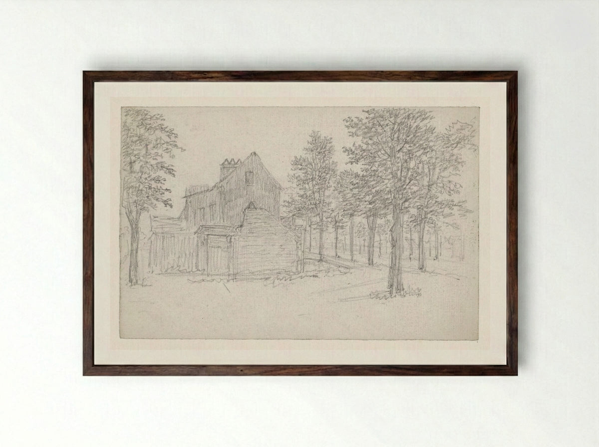 Weg met bomen, waaraan links huizen - Georges Michel - Framed Print Dark Wood