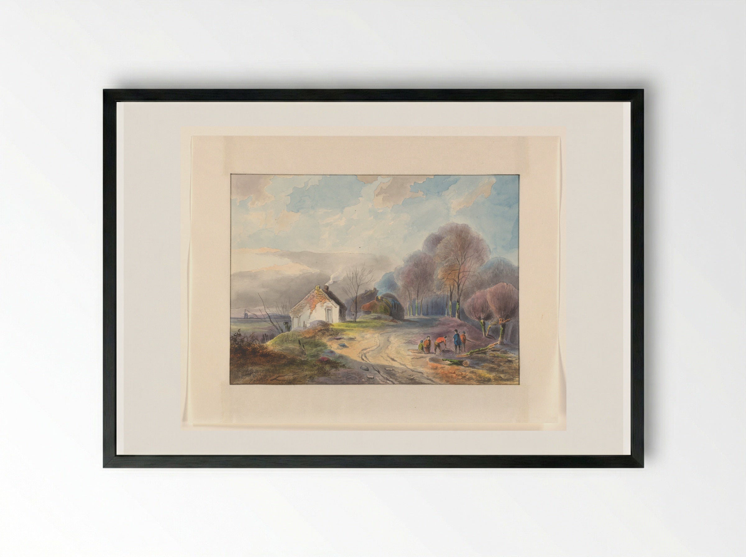 Weg over een dijk met bomen en huizen - Johannes van Reijn - Framed Print Black