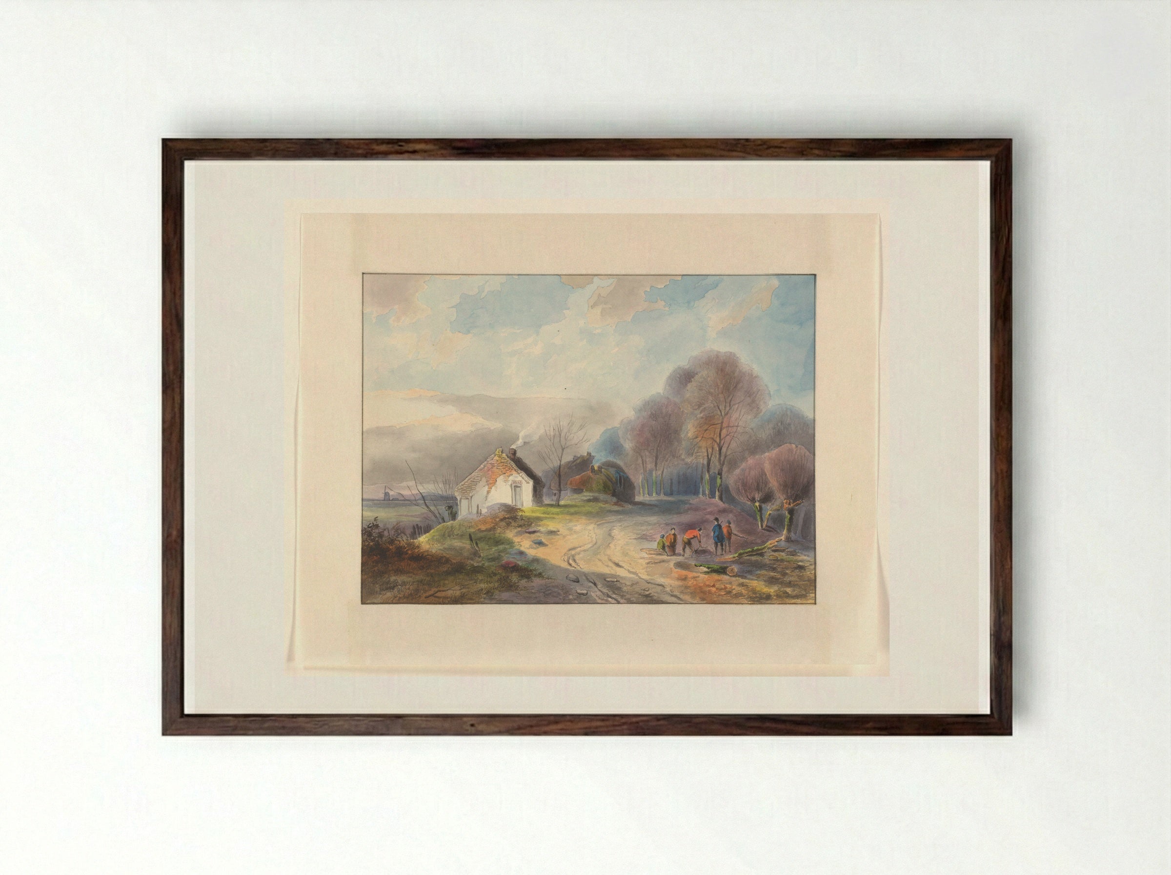 Weg over een dijk met bomen en huizen - Johannes van Reijn - Framed Print Dark Wood