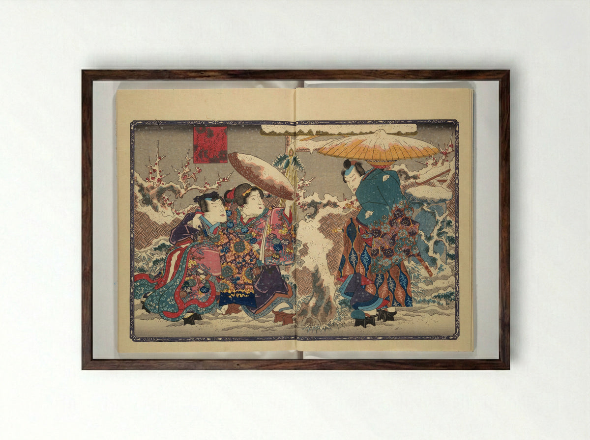Weighing the Goods of Love (Enshoku shinasadame) - Utagawa Kunimori II - Framed Print Dark Wood