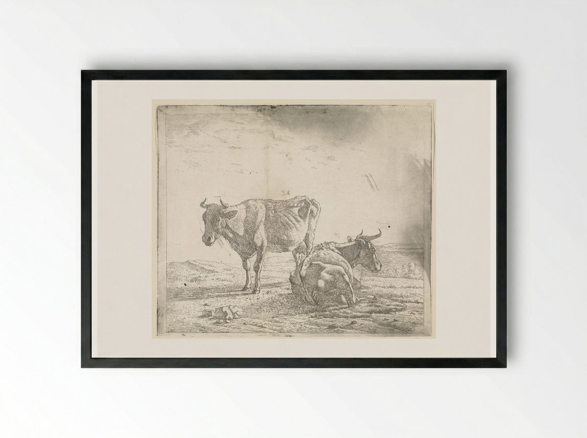 Weiland met een staande en liggende koe - Wouter Johannes van Troostwijk - Framed Print Black