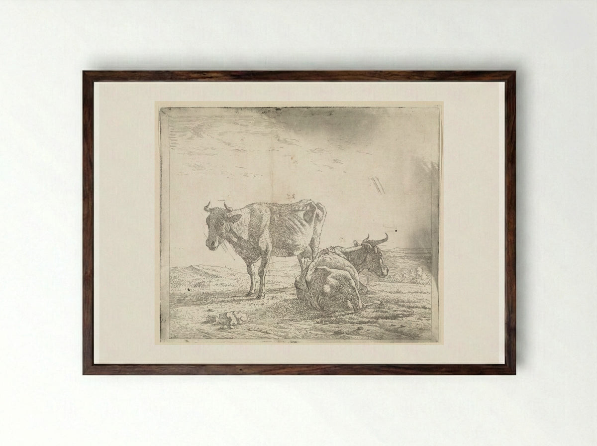 Weiland met een staande en liggende koe - Wouter Johannes van Troostwijk - Framed Print Dark Wood