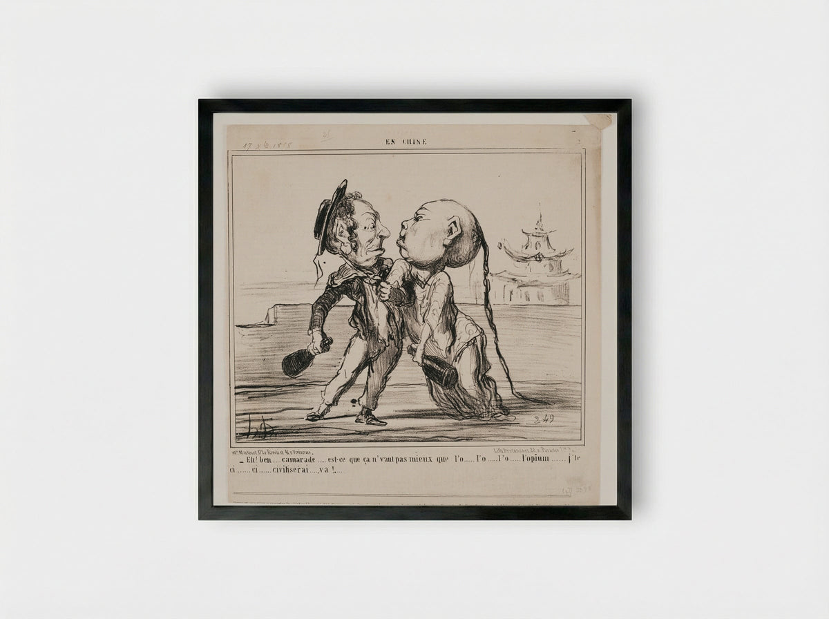 Well, mate, wouldn't you say this is better than o-o-opium? Just you wait, I'll ci-i-i-i-ivilize you! - Honoré-Victorin Daumier - Framed Print Black
