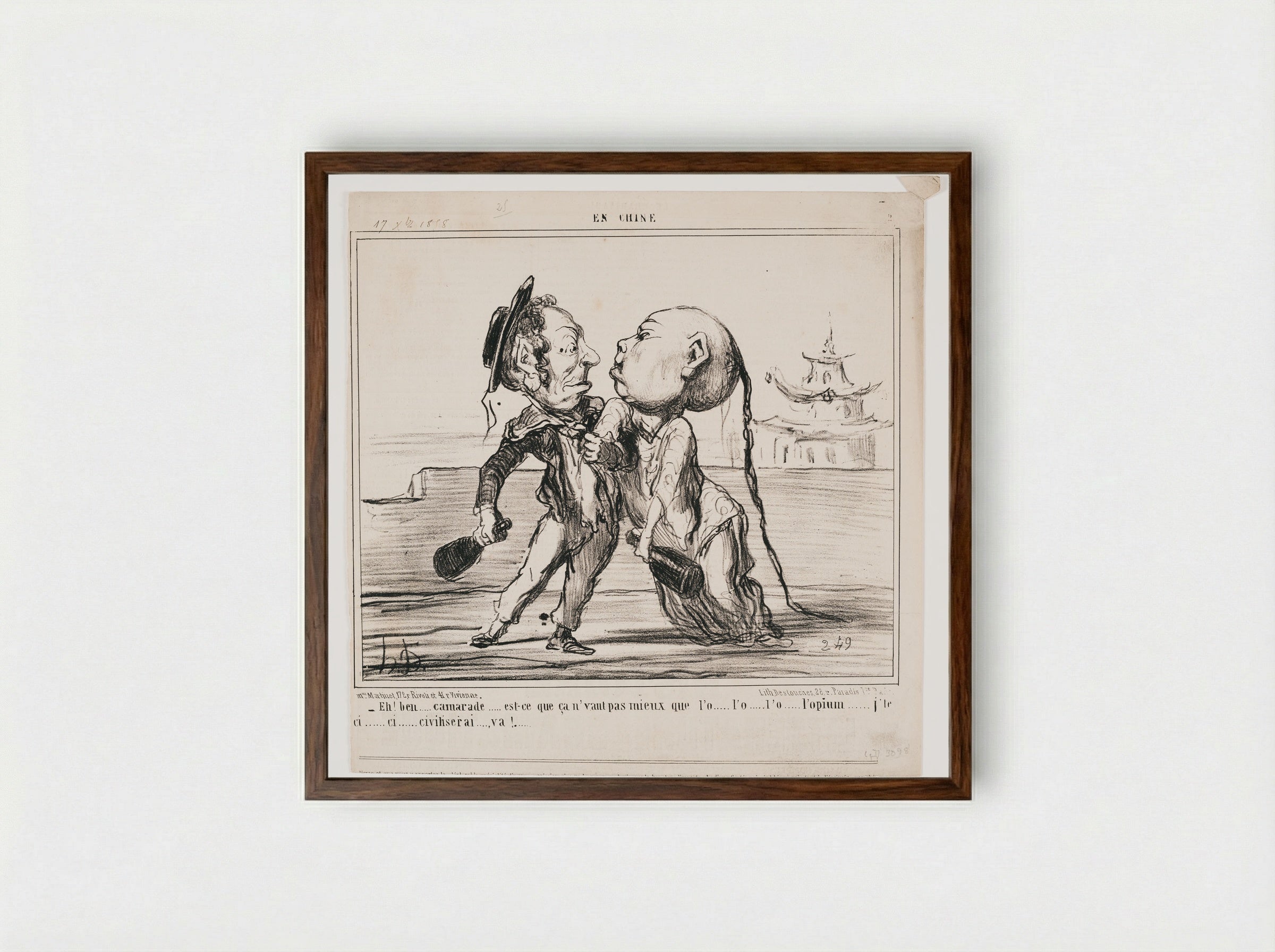 Well, mate, wouldn't you say this is better than o-o-opium? Just you wait, I'll ci-i-i-i-ivilize you! - Honoré-Victorin Daumier - Framed Print Dark Wood