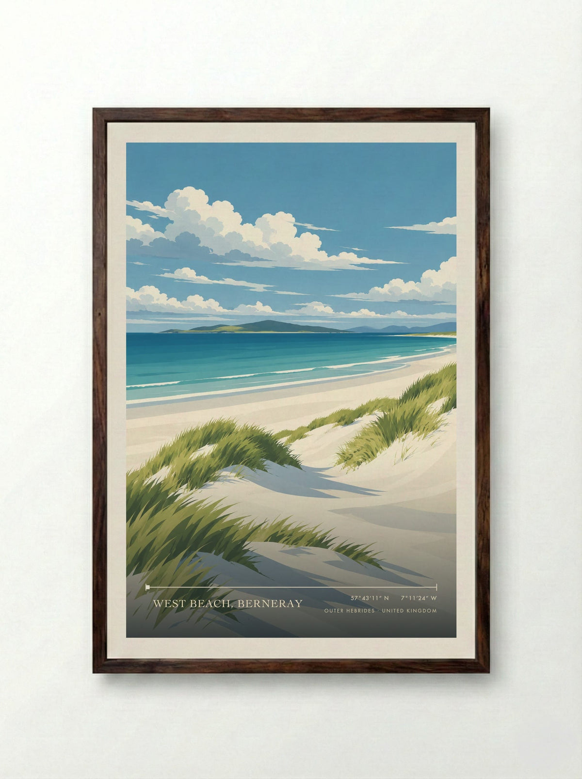West Beach, Berneray, Outer Hebrides | Travel Poster - Framed Print Dark Wood