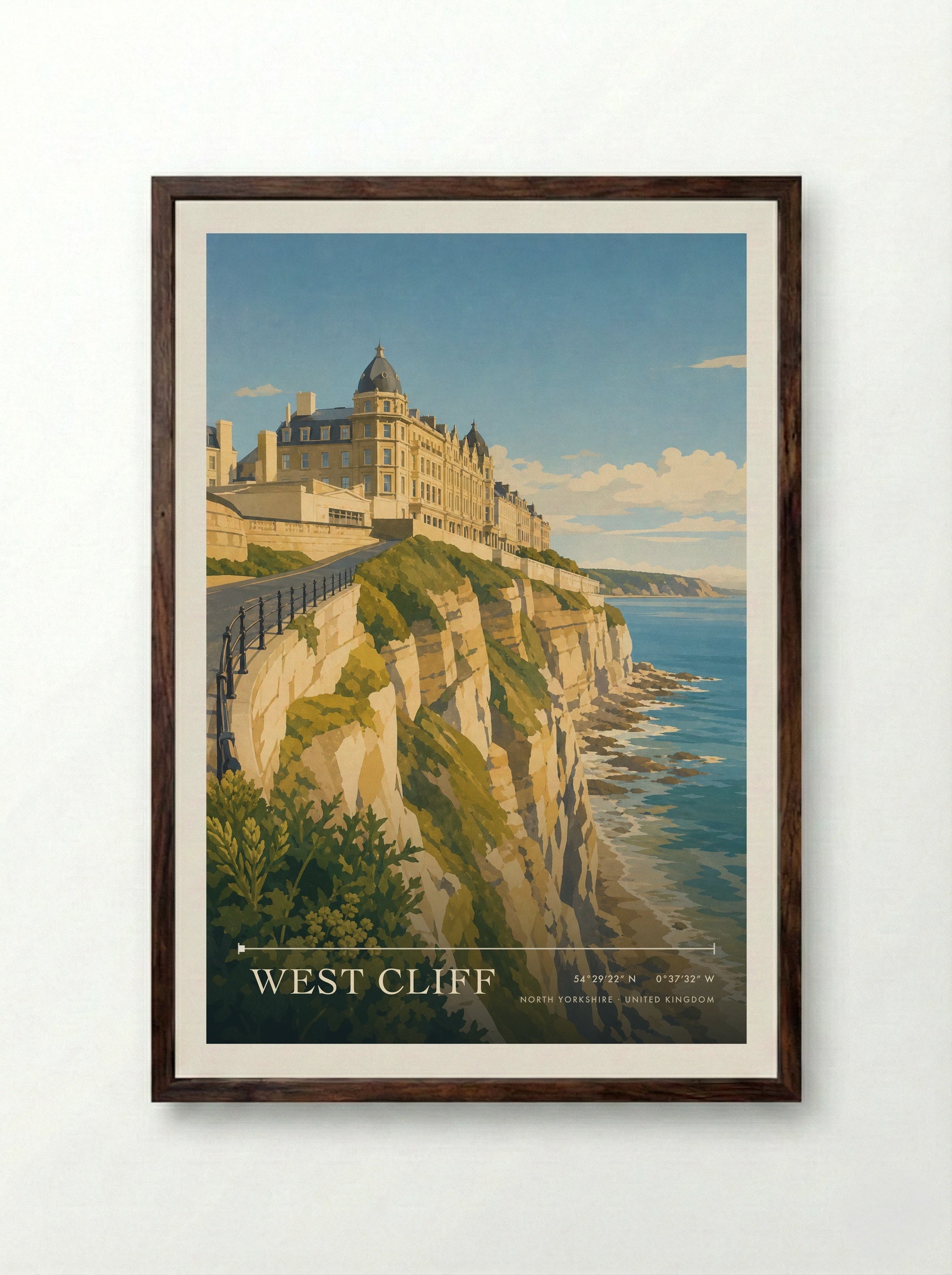 West Cliff North Yorkshire United Kingdom Travel Poster - Framed Print Dark Wood