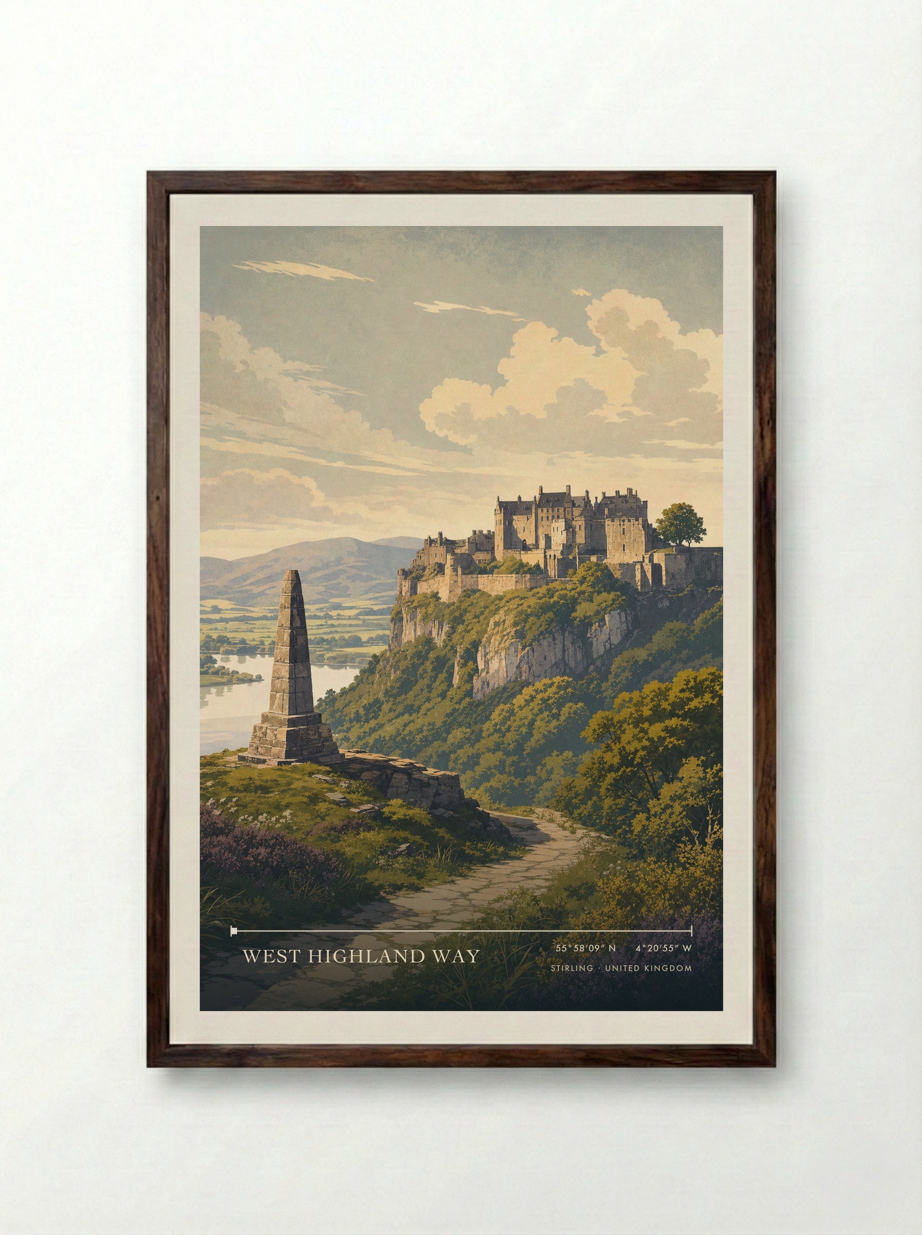 West Highland Way Stirling United Kingdom Travel Poster - Framed Print Dark Wood