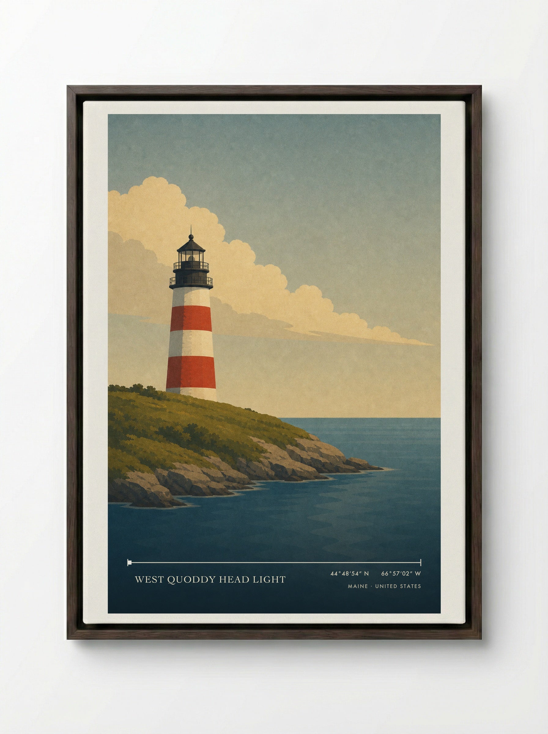 West Quoddy Head Light Travel Poster Artwork - Framed Canvas Dark Wood
