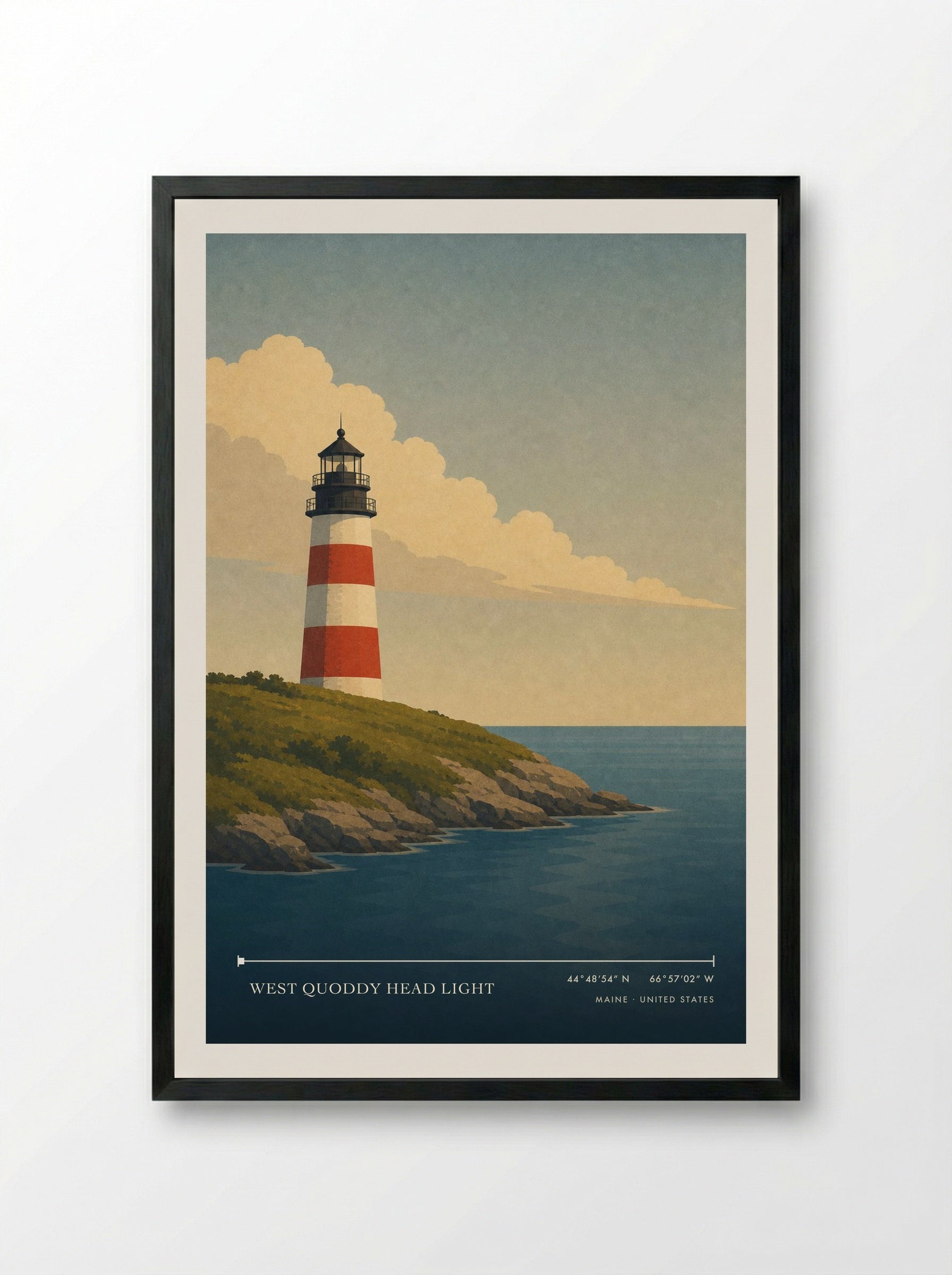 West Quoddy Head Light Travel Poster Artwork - Framed Print Black