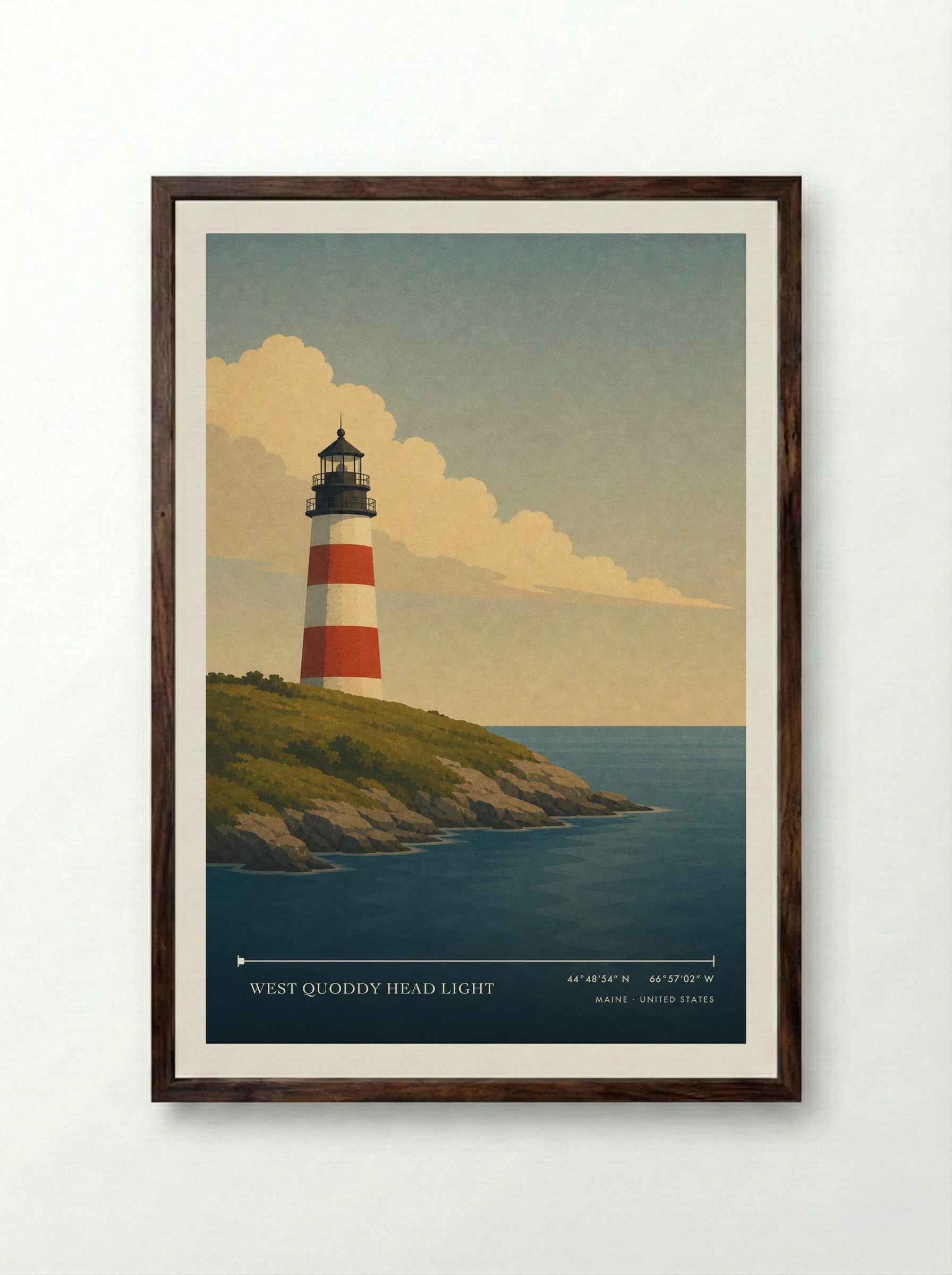 West Quoddy Head Light Travel Poster Artwork - Framed Print Dark Wood