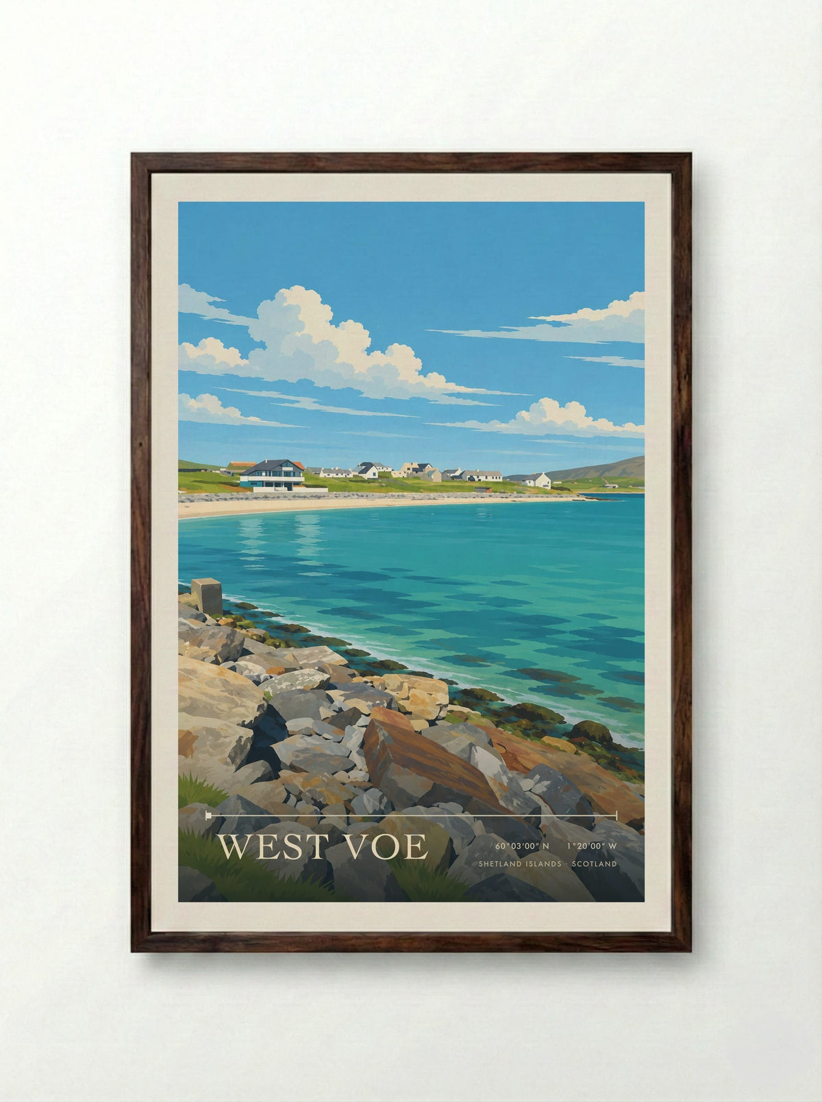 West Voe, Shetland Islands | Travel Poster - Framed Print Dark Wood